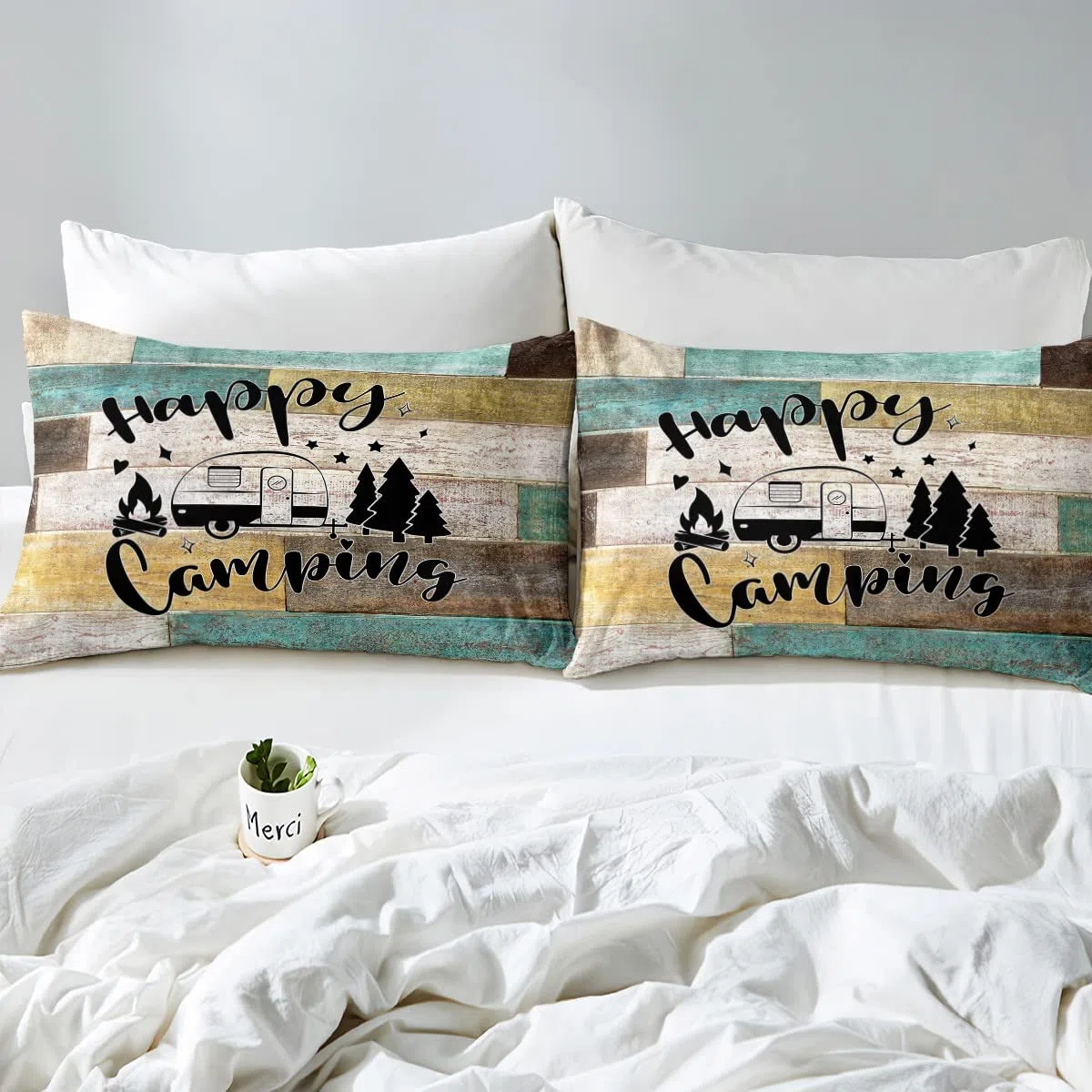 Glückliche Camping Auto Bettbezug Set L Größe,RV Camper Anhänger Dekor Bettwäsche Set Kinder Jungen Mädchen,Vintage Holz Plank Kabine Tröster Abdeckung,Rustikale Bauernhaus Quilt Cover,2 Kissenbezug