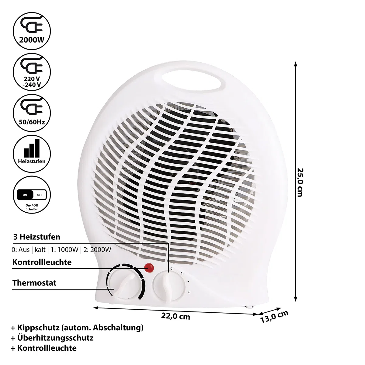 Heizlüfter mit 3 Heizstufen | kompaktes Heizgebläse | starkes Gebläse 2000W | mit Überhitzungsschutz und Kippschutz (Heizlüfter weiß 1000/2000 Watt)