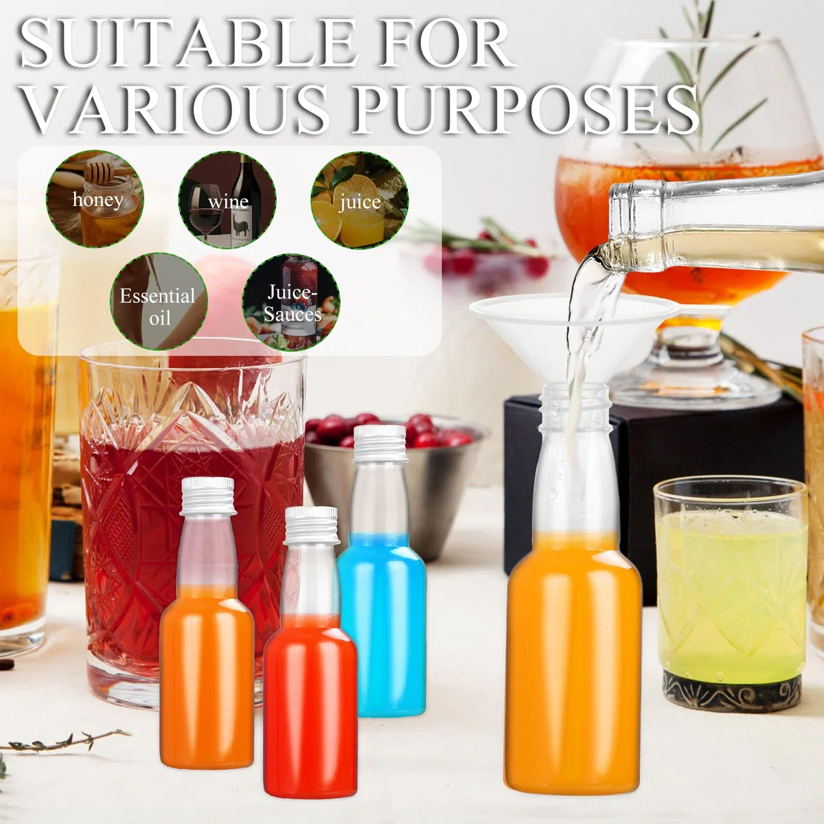 DAJAVE Kleine Flaschen zum Befüllen 60ml, Mini Fläschchen Plastik Shot Flaschen mit Trichter und Schraubverschluss