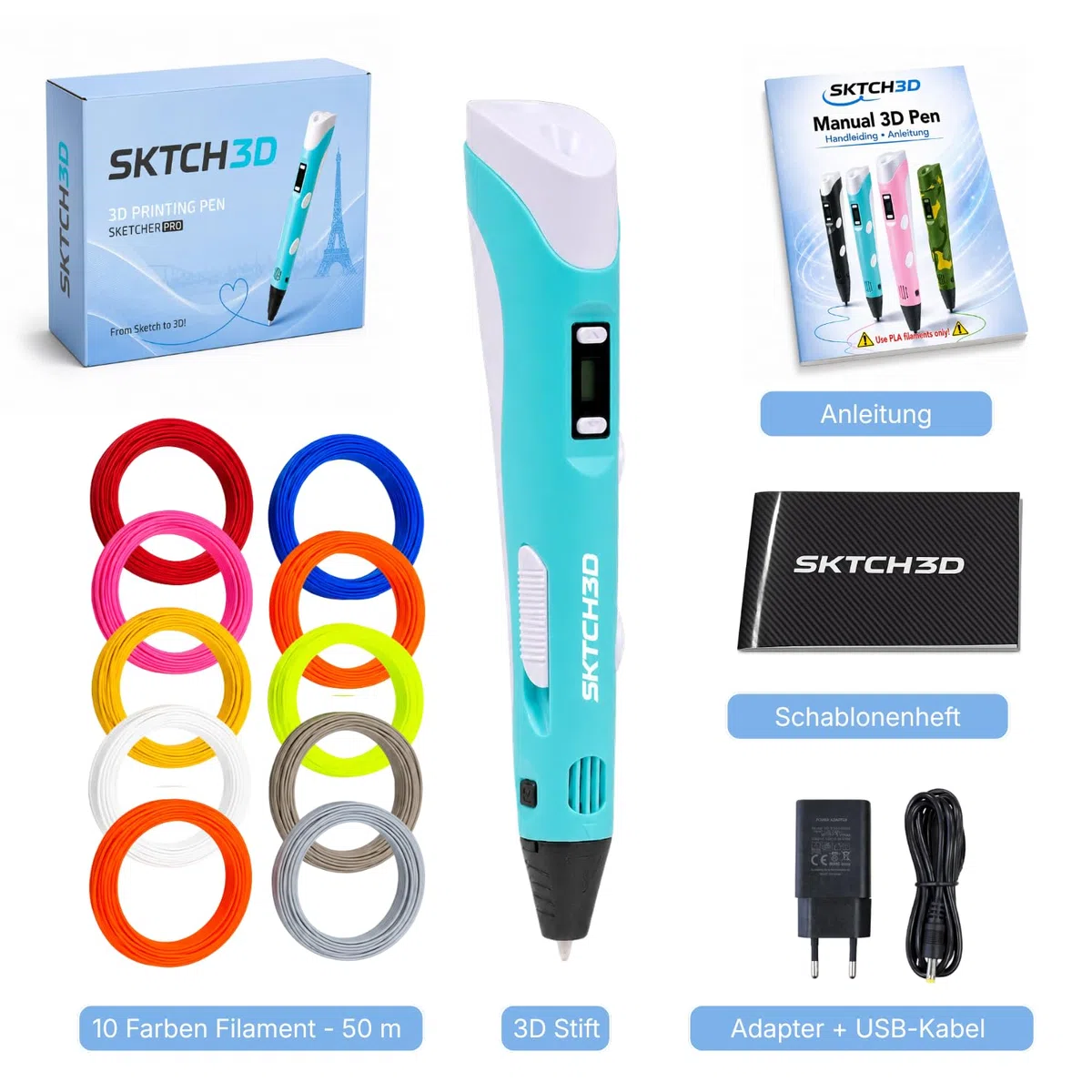 3D Stift mit 50m PLA Filament – Professioneller 3D Pen Starterset mit 10 Farben, USB Adapter, Vorlagenbuch & Anleitung – 3D Druckstift für Kreative, DIY & Zeichnen in 3D (Blau)