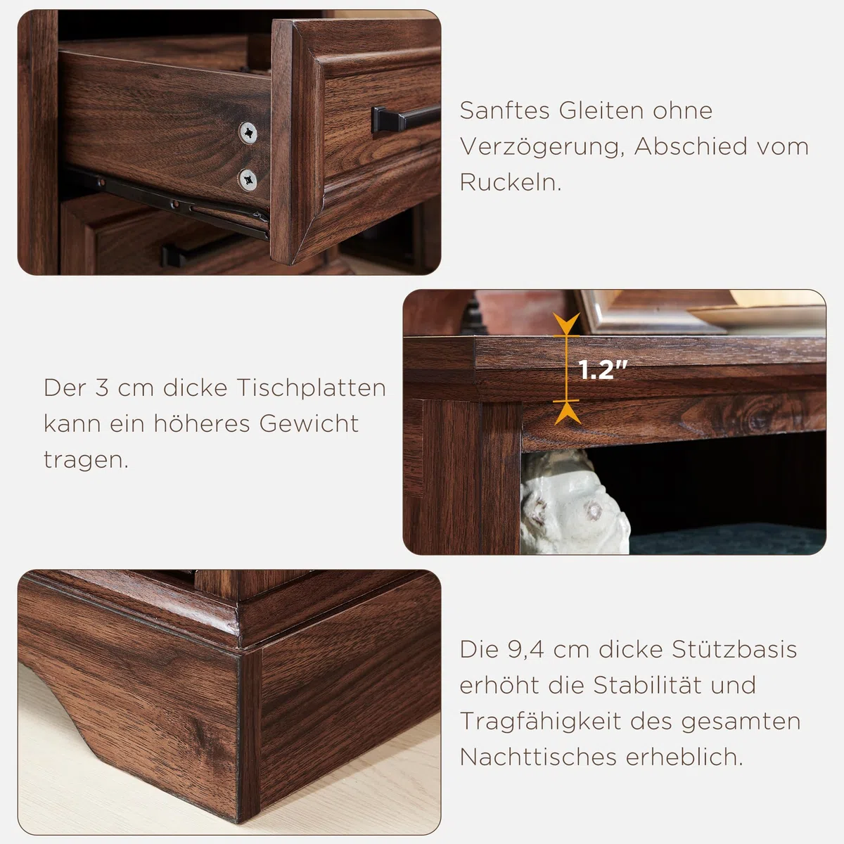 45.7cm Bauernhaus Nachttisch mit Ladestation, Beistelltisch mit 2 Schubladen zur Aufbewahrung, Seitentisch, Nachtschrank für Schlafzimmer, Wohnzimmer,Braun