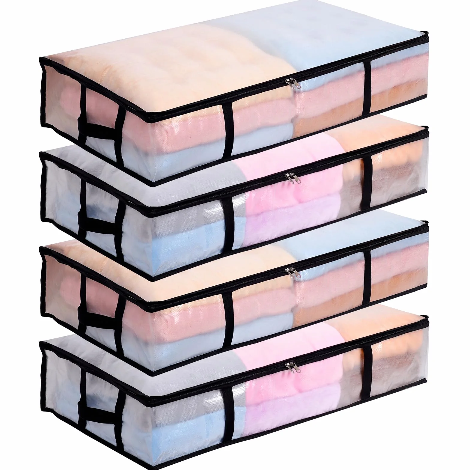 Dntorx 4 Stück 90L Unterbett Aufbewahrungsbox mit Deckel Groß, Transparente Unterbettkommode Faltbare Aufbewahrungstasche mit Griff, Unterbett Aufbewahrung für Bettdecken Kissen Kleidung Aufbewahrung