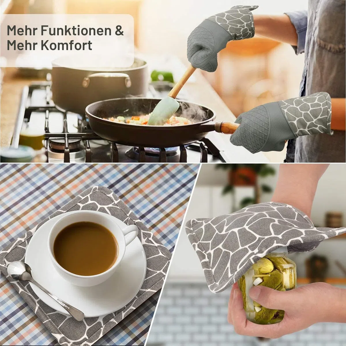 Ofenhandschuh, Topfhandschuhe Anti-Rutsch Hitzebeständige Silikon und Baumwolle 1 Paar und 2 Topflappen (Gray)