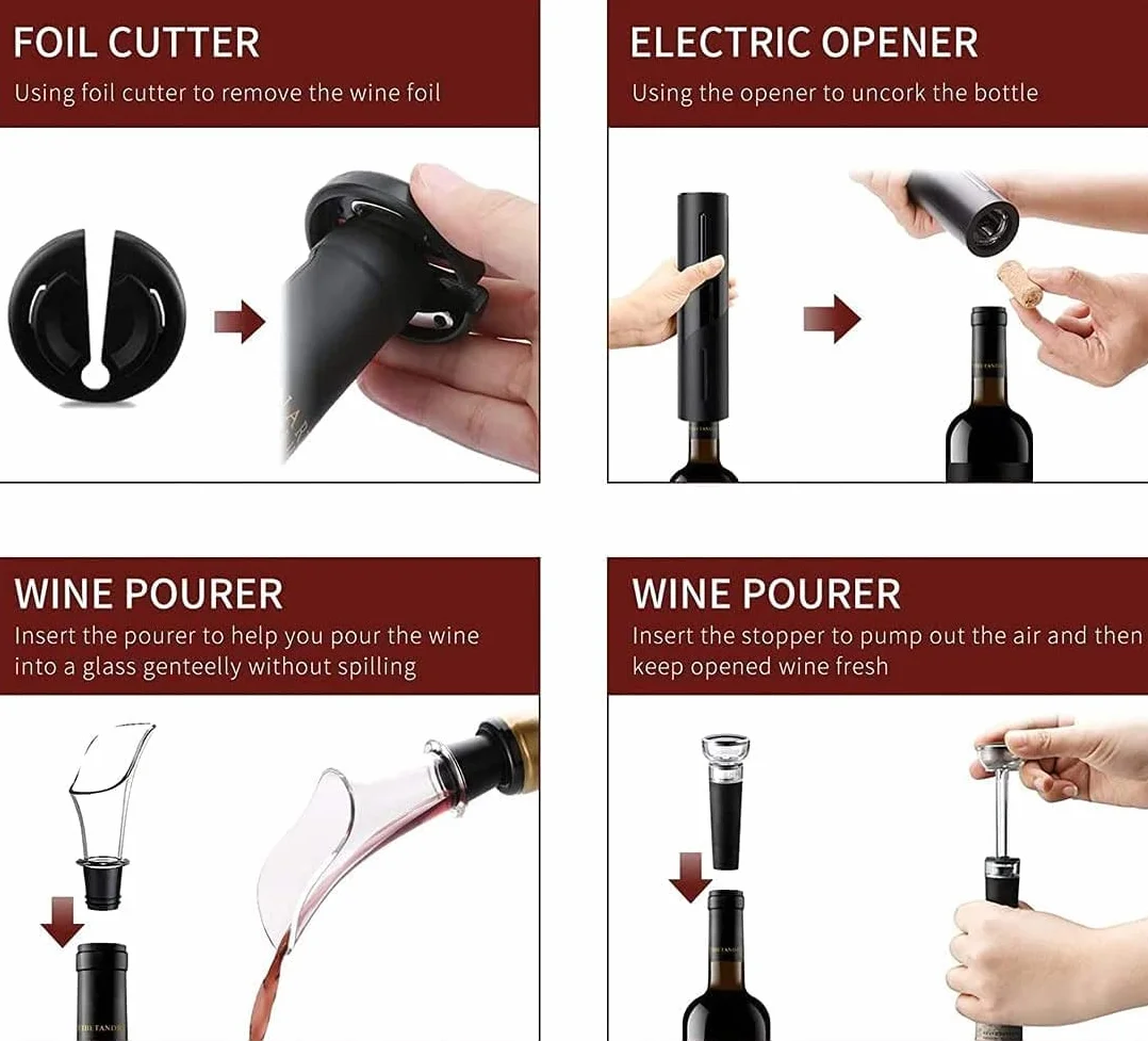 Elektrischer Korkenzieher , Geschenkbox 5-in-1 Elektrischer Weinflaschenöffner mit Folienschneider, Vakuumstopfen und Weinausgieer, USB Wiederaufladbare Batterie