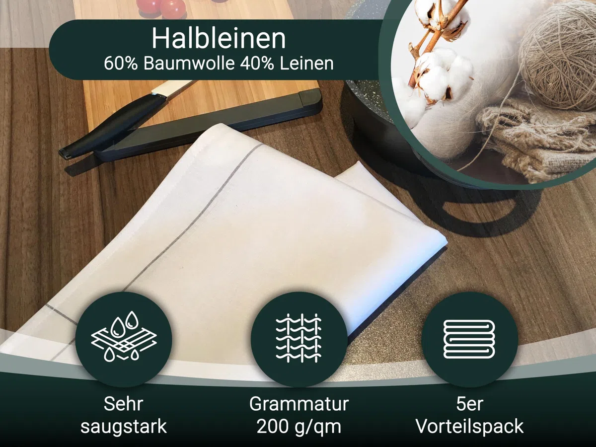 ZOLLNER 5er Set Geschirrtücher, 50x70 cm, Halbleinen, weiß grau