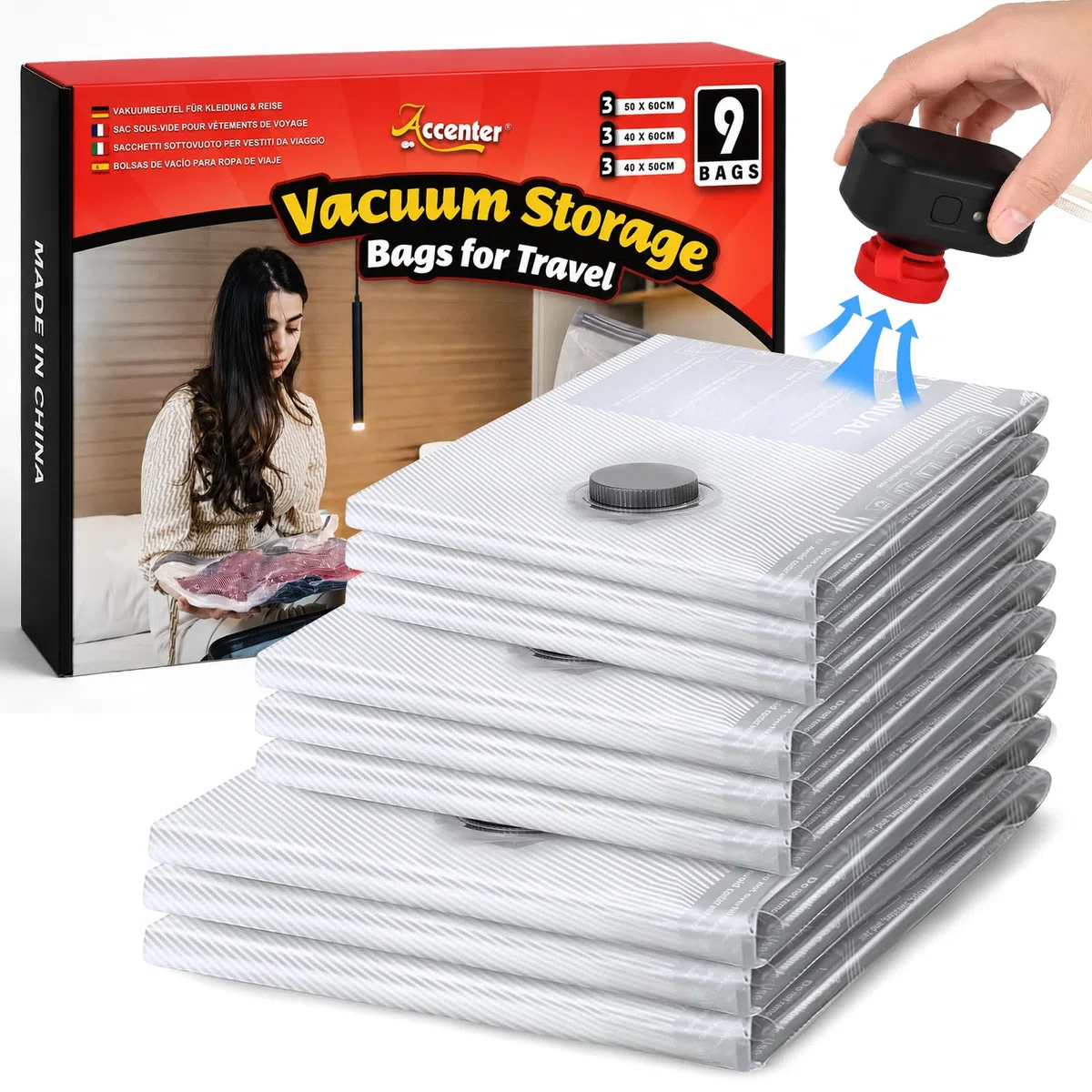 Accenter Vakuumbeutel für Kleidung mit Pumpe – praktisches Reise-Gadget, geeignet als Koffer-Organizer und Aufbewahrungstasche für Reise, Umzug und die Aufbewahrung unter dem Bett,9-teilig