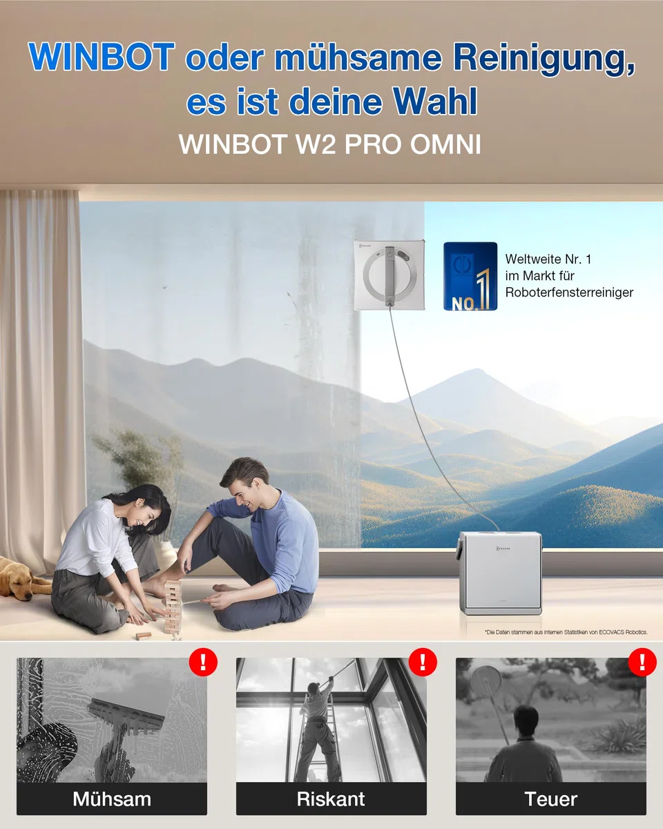 ECOVACS WINBOT ‎W2 PRO Omni Fensterputzroboter mit 6-in-1 Multifunktionsstation, Aufladen im Betrieb, 3-Düsen-Sprühkopf, 12-Stufen-Schutz, Win-SLAM 4.0 Pfadplanung, Weiß