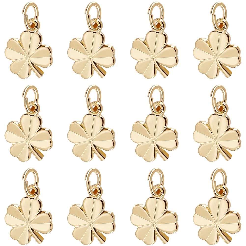 Beebeecraft 1 Box 40 Stück Vierblättriges Kleeblatt Anhänger 18 Karat Vergoldet Glückskleeblatt Charms Aus Gold Mit Springendem Ring Für Armbänder Halsketten DIY