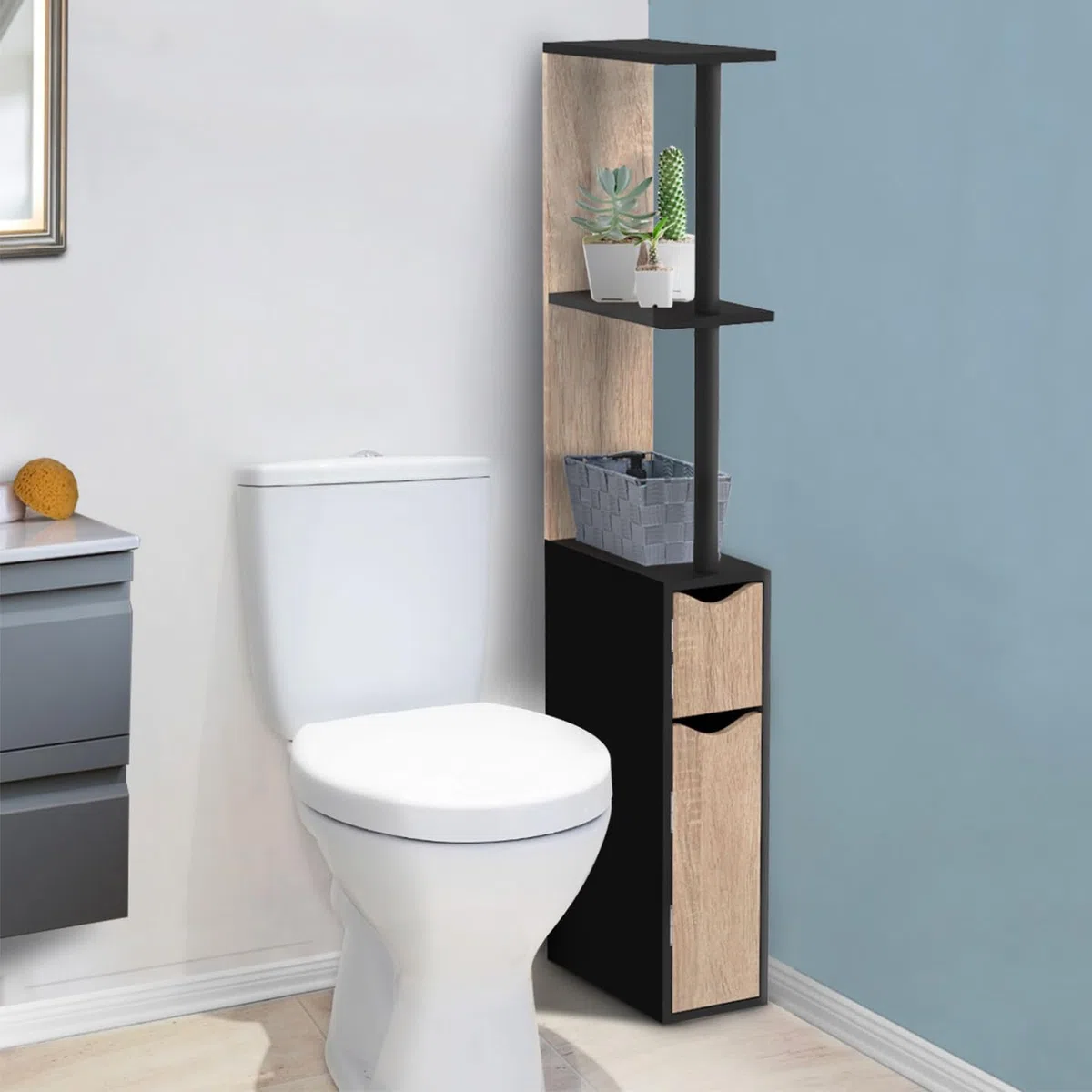 IDMarket - WC-Möbel Regal Holz Willy 2 Türen schwarz und Buche