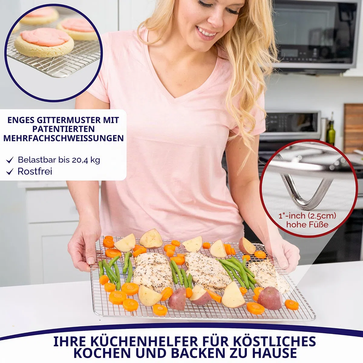 KITCHENATICS Edelstahl-Grillrost & Auskühlgitter, passt auf Backbleche für das Backen von Keksen und Kuchen, Räuchern, Grillen, & Auskühlen, Rost- Resistent & Ofenfest (29,97 x 42,93 cm) Set VON 2