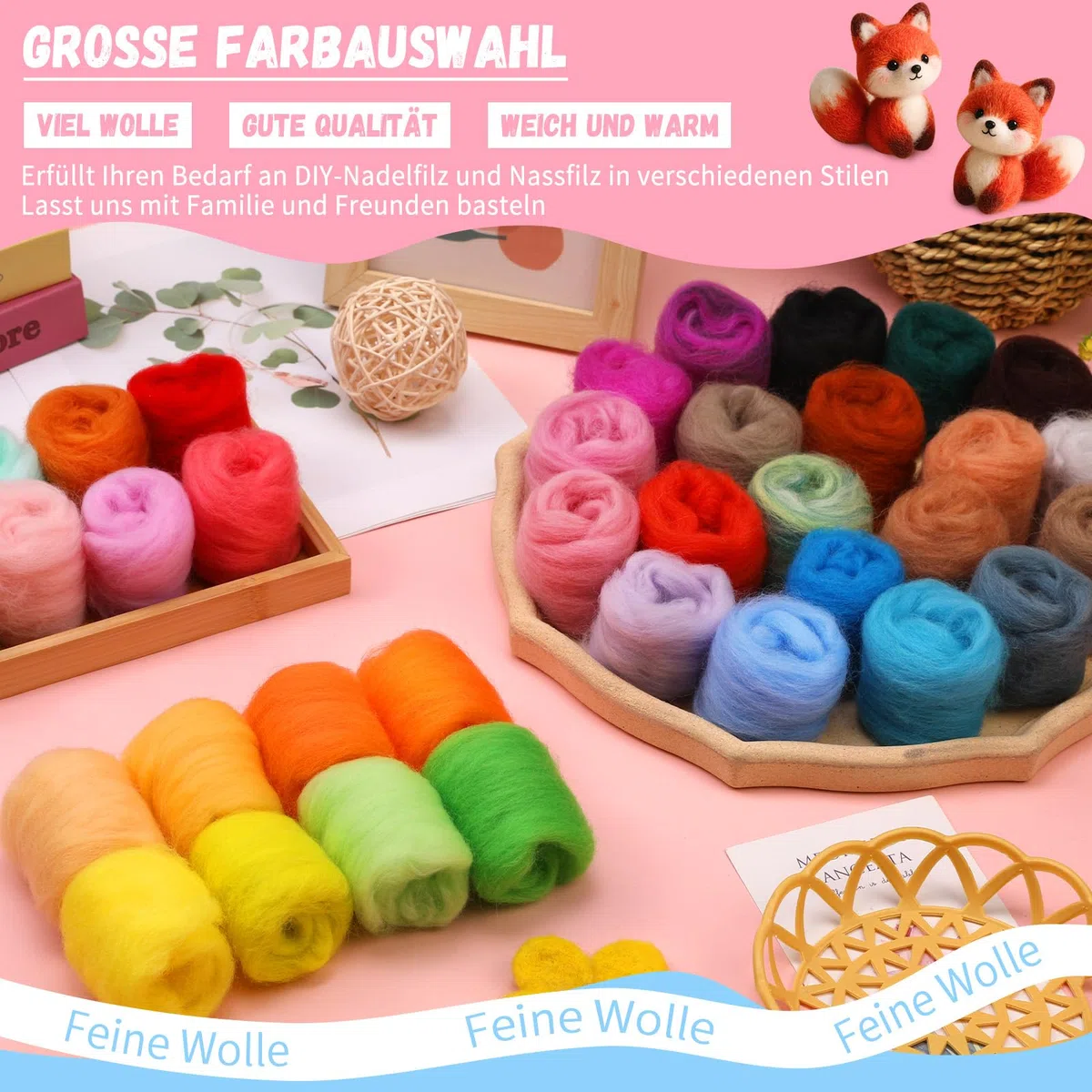 Filzwolle 36 Farben Set, 108g Märchenwolle aus Schafwolle für Nassfilzen & Trockenfilzen, Premium Merinowolle zum Filz Basteln & Stricken, Filzen Starterset mit Naturfasern