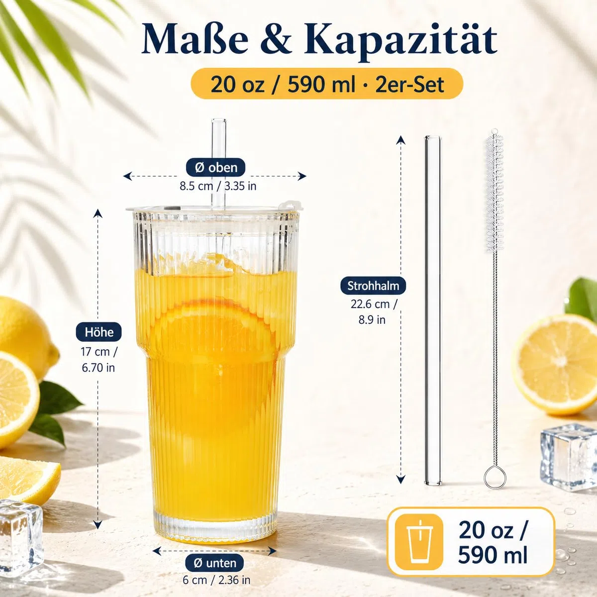 ALINK 2 Stück 600ml Gerippte Glasbecher mit Deckel und Strohhalm, Eiskaffee Gläser, Longdrinkglas Set, Smoothie Becher, luftdichtes und wasserdichtes Design, ideal als Kaffee