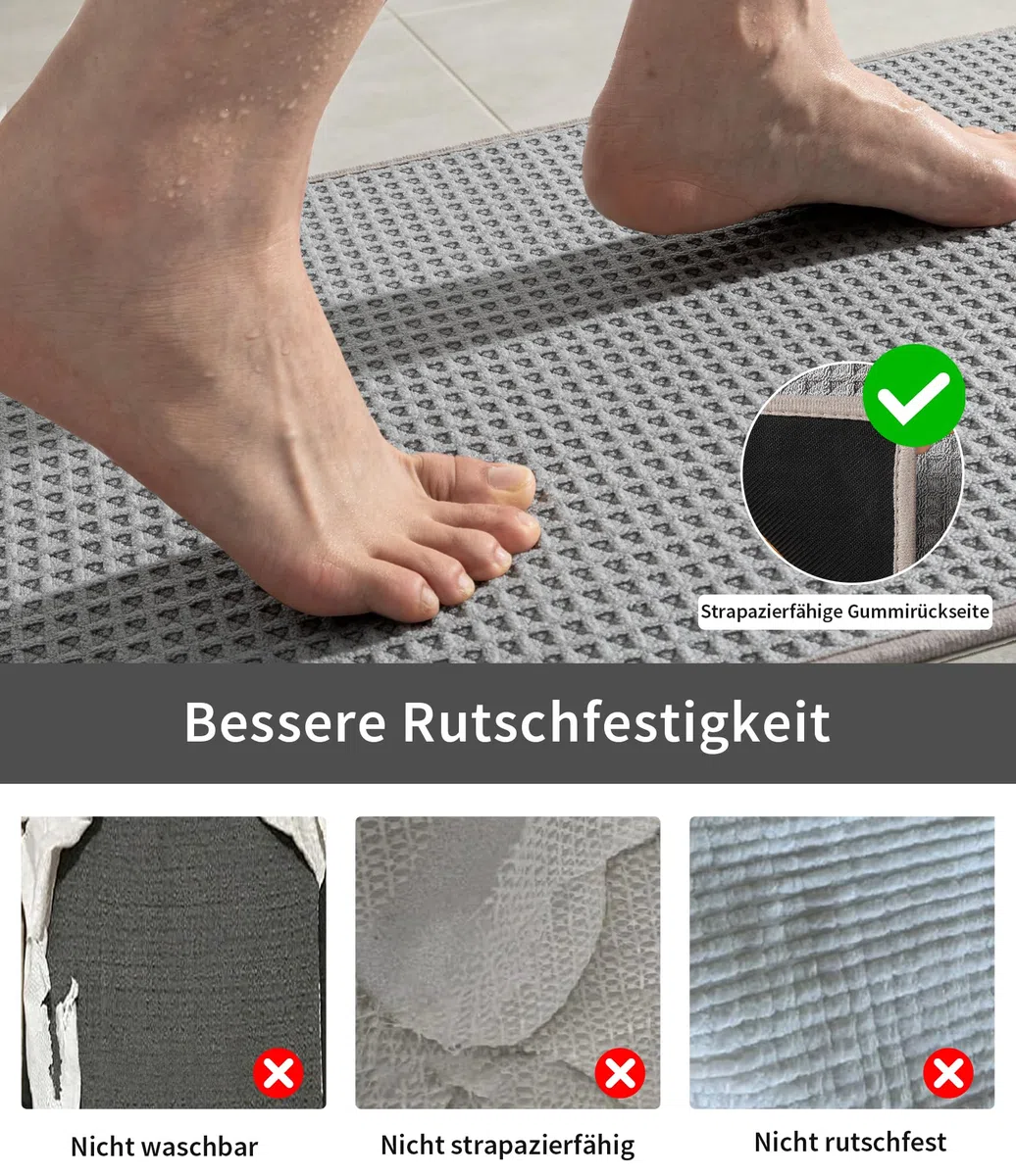 chakme Badezimmerteppich, 40x60cm Waffel Badematte rutschfeste Waschbar Badteppich, Saugfähig Weich Grau Badvorleger für Badezimmer