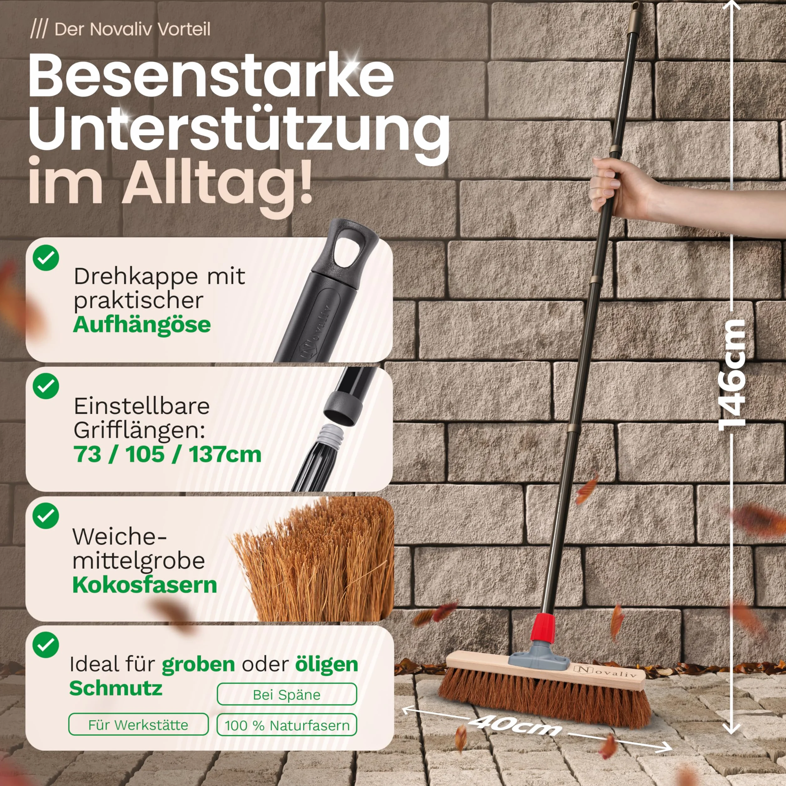 Novaliv Kokosbesen 40 cm mit Stiel Kokosborsten Besen Naturborsten mit stiel Ideal als Werkstattbesen Hallenbesen Industriebesen Hausbesen Kehrbesen Malerbesen Haarbesen Terassenbesen Besen weich