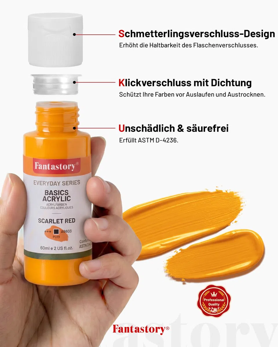Fantastory Acrylfarben Set, 24 x 60 ml mit 16-teiligem Zubehör, hohe Deckkraft & wasserfest, Acrylic Paint Set für Leinwand, Holz, Steine & Basteln