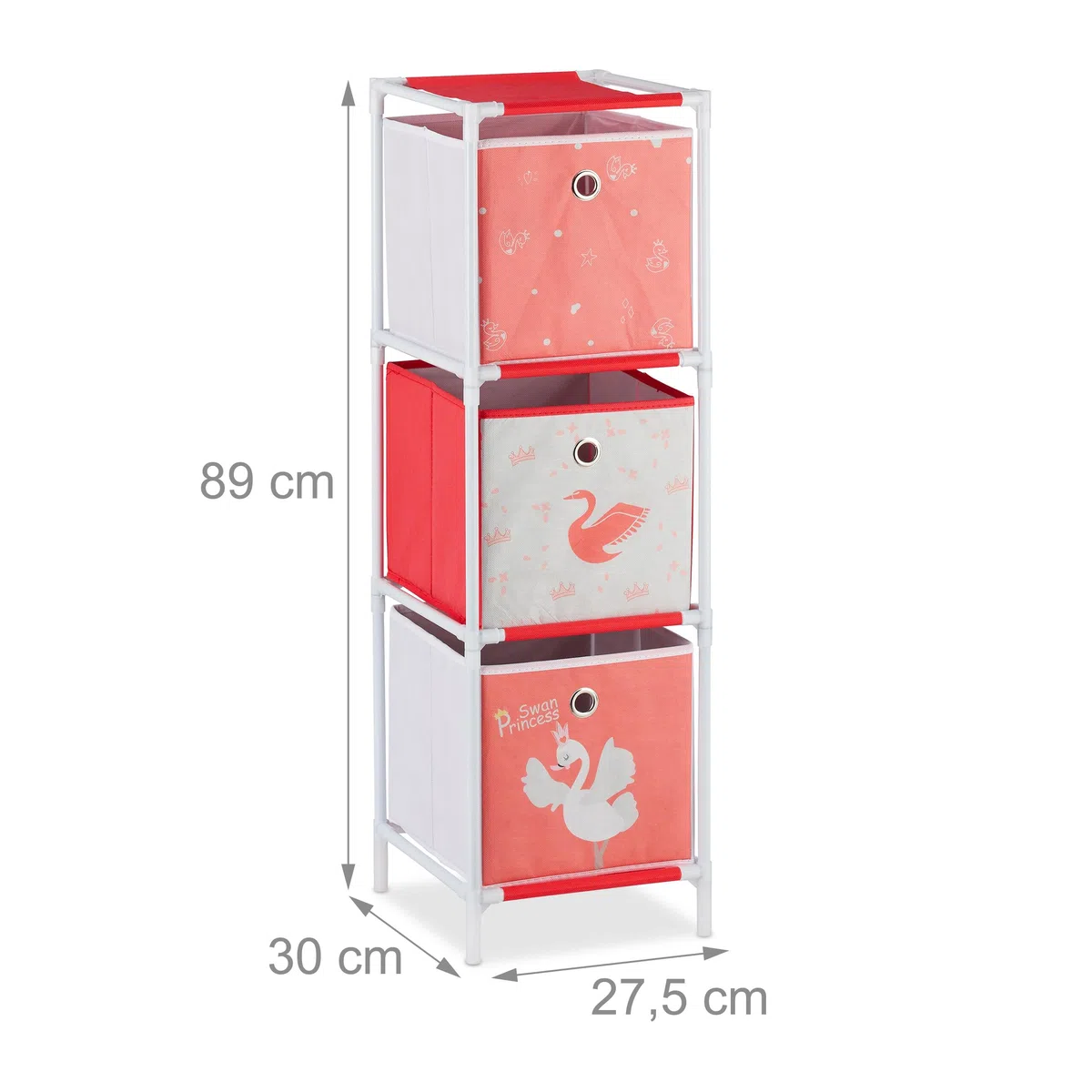 Relaxdays Kinderregal mit 3 Boxen, Spielzeug, Mädchen, Schwan-Design, Regal Kinderzimmer, HBT 89 x 27,5 x 30 cm,weiß/rot