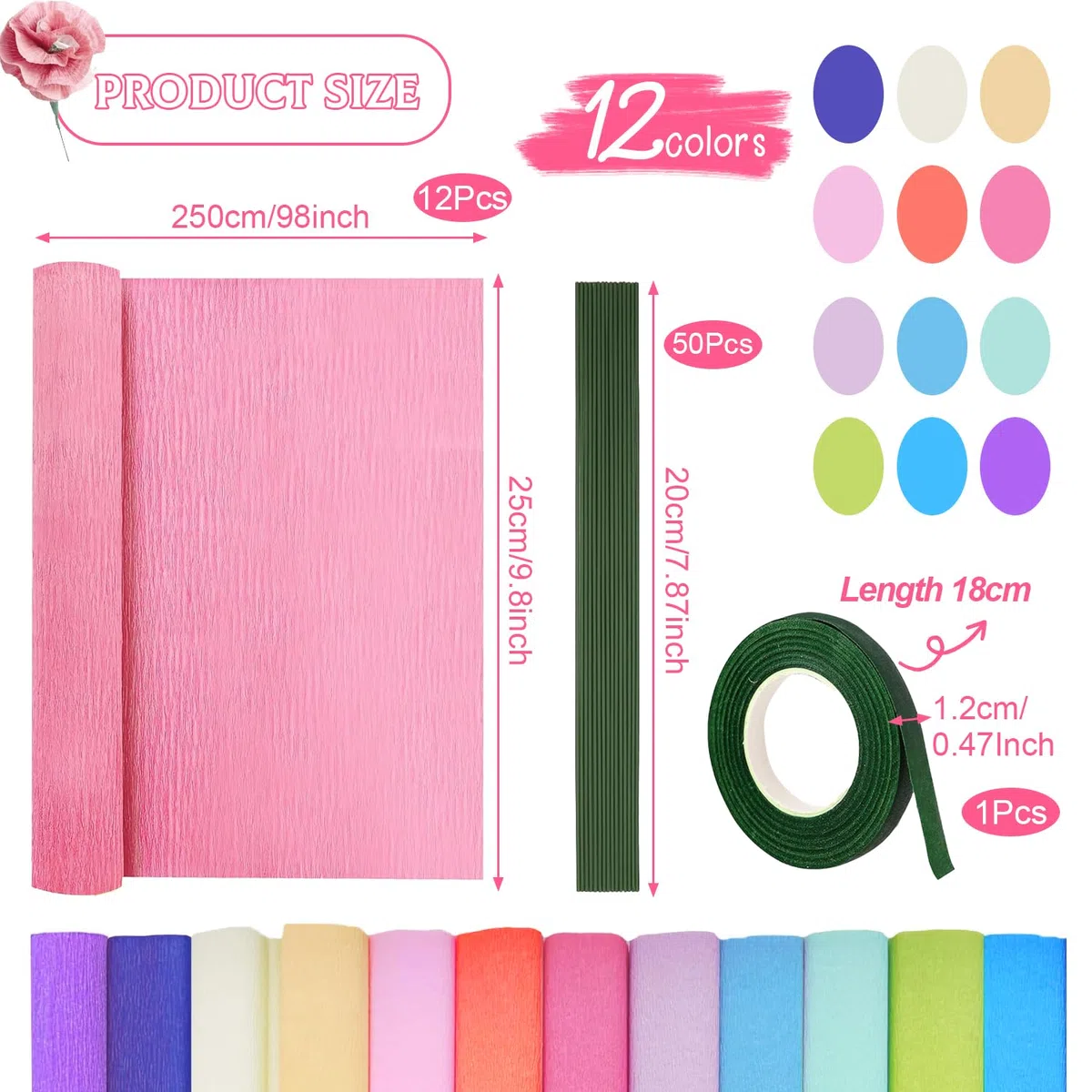 12 Farben Krepppapier Bunt 25x250cm 12 Rollen Kreppapier DIY Crepe Papier Krepppapier Rollen mit Grünes Kabel Blumenband für Die Herstellung von Valentinstag-Blumen DIY Blumenpapier-Handwerk