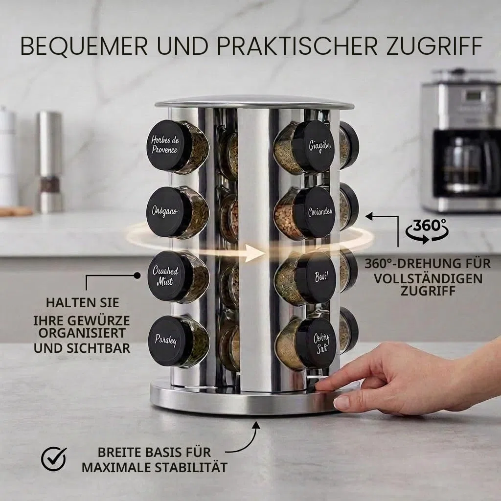 edihome, Gewürzkarussell, Gewürzregal, Drehbar 360º, Küchengewürze, 16 Gewürzdosen, mit Deckeln und einzelnen Dosierern, Organizer, mit Etiketten für Flaschen