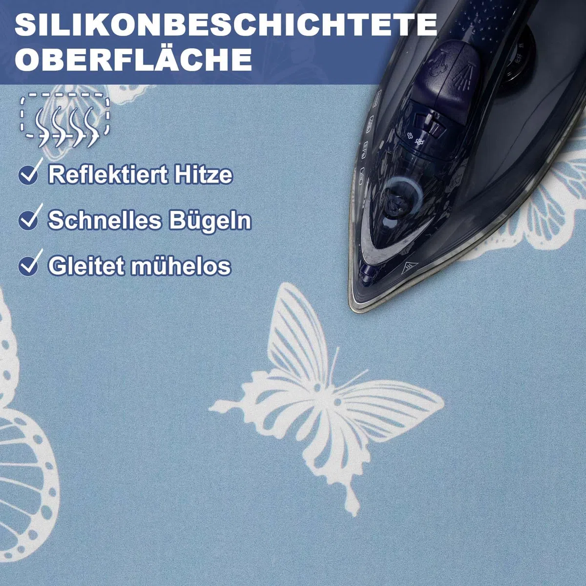 Bügelbrettbezug mit Dicker Polsterung 120x40, 125x45, Rundum-Elastikband, Klettverschlüsse, passend für Bügeltische, ideal für Dampfbügelstationen Ironing Board Cover (Blue (Butterfly)