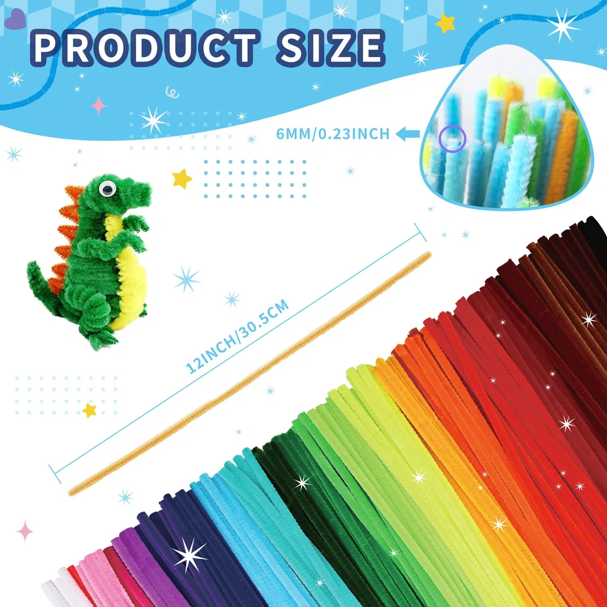 1200 Stück Pfeifenputzer zum Basteln, 24 Farben Chenille-Stiele, Pipe Cleaner für Erwachsene & Anfänger, Raumdeko, kreative Schulprojekte, Partydeko, Weihnachtsbasteleien (30.5cm X 6mm)