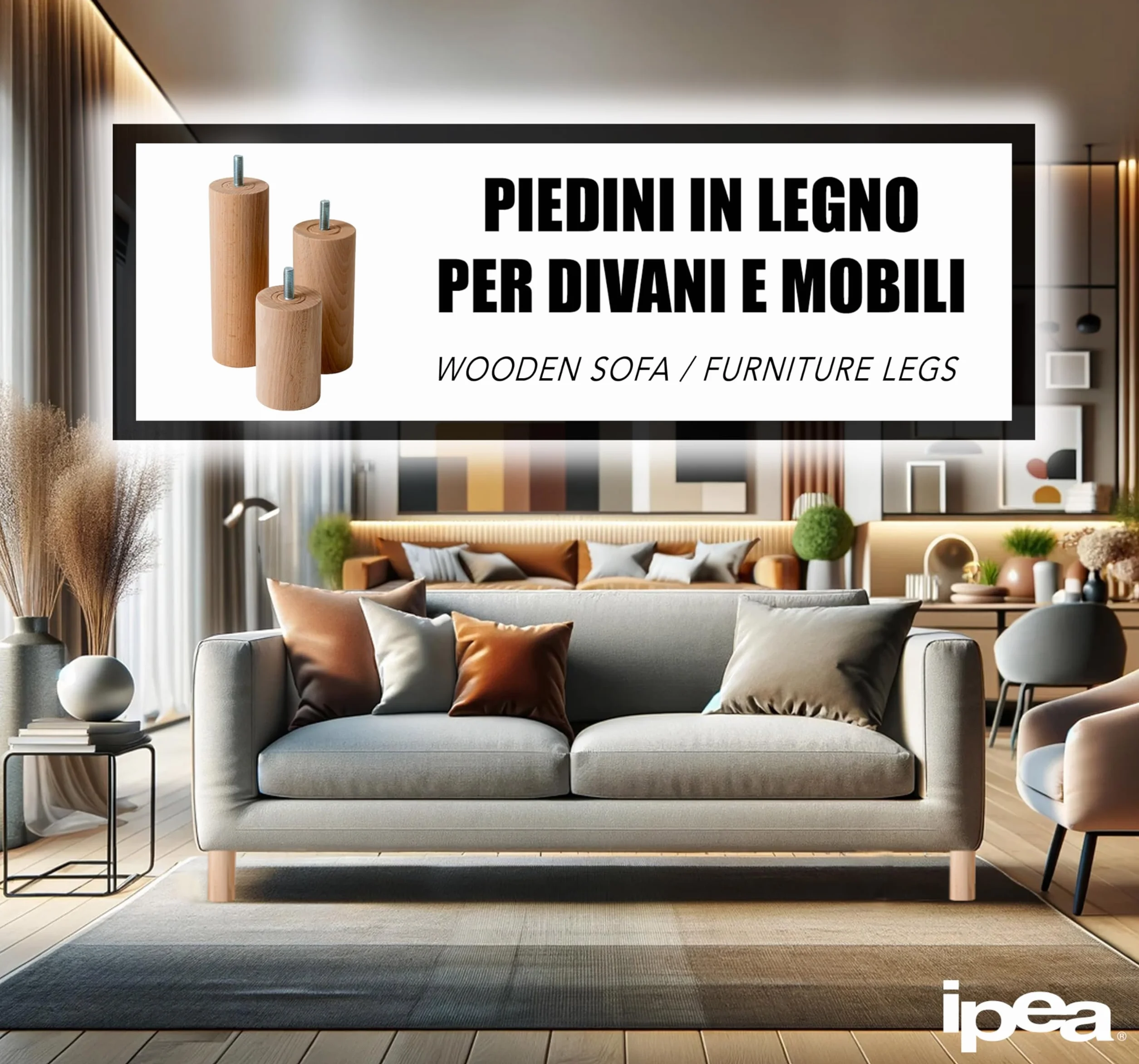 IPEA Möbelfüße aus Holz - Sofa Füße – Höhe 140 mm – [ MINIMALES UND Elegantes Design ] - Set mit 4 Rohholzfüßen für Schränke, Sessel, Wohnmöbel - Möbelbeine – Möbelfuß M10 Schraube - 4er Pack