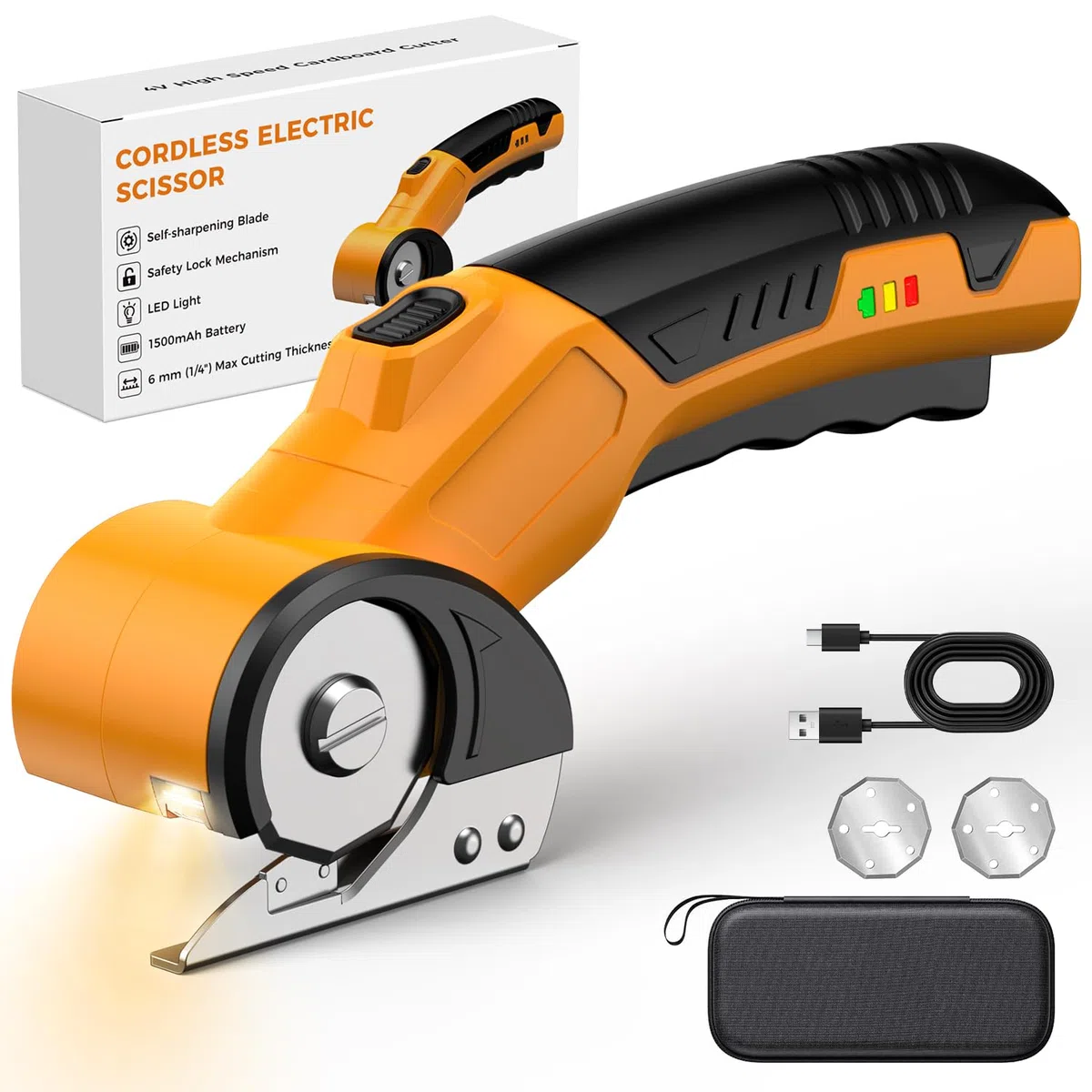 Kartonschneider 4V Elektrischer Schere Kabellose Rollschneider Universalschneider Wiederaufladbar Rotationsschneider Akkuschere für Papier, Pappe, Teppich, Leder, Filz, Kunststoff - mit Ersatzklinge