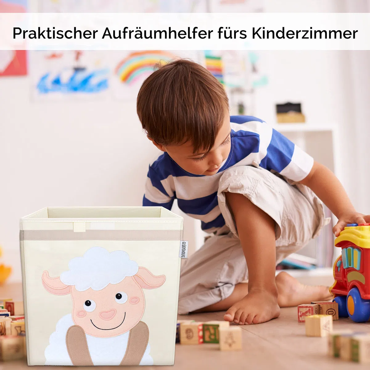 GLÜCKSWOLKE Kinder Aufbewahrungsboxen - 15 Motive I Spielzeugkiste Kinderzimmer I Spielzeug Boxen & Kisten (33x33x33) zur Aufbewahrung im Kallax Regal I Bauernhof-Tiere Schaf