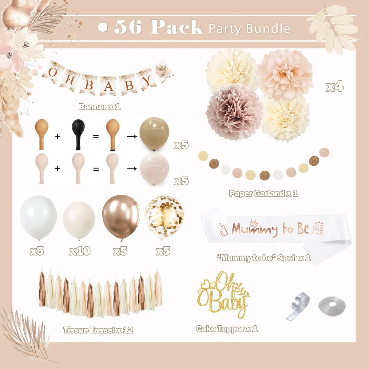 Babyparty Deko Mädchen Junge, Baby Shower Deko, Beige Nude Weiß Baby Party Dekoration Neutral, Oh Baby Girlande, Luftballons Girlande für Gender Reveal Boho Boy or Girl Ballon Deko