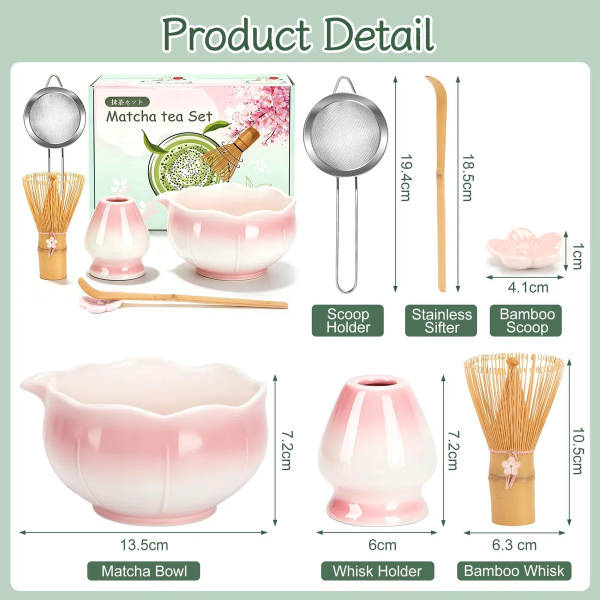 Matcha Besen Set, Matcha Set Rosa - Matcha Schale mit Ausgießer, Bambus Matcha Besen, Besenhalter, Sieb, Löffel und Halter, Japanisches Matcha Kit für Matcha-Liebhaber (Rosa)