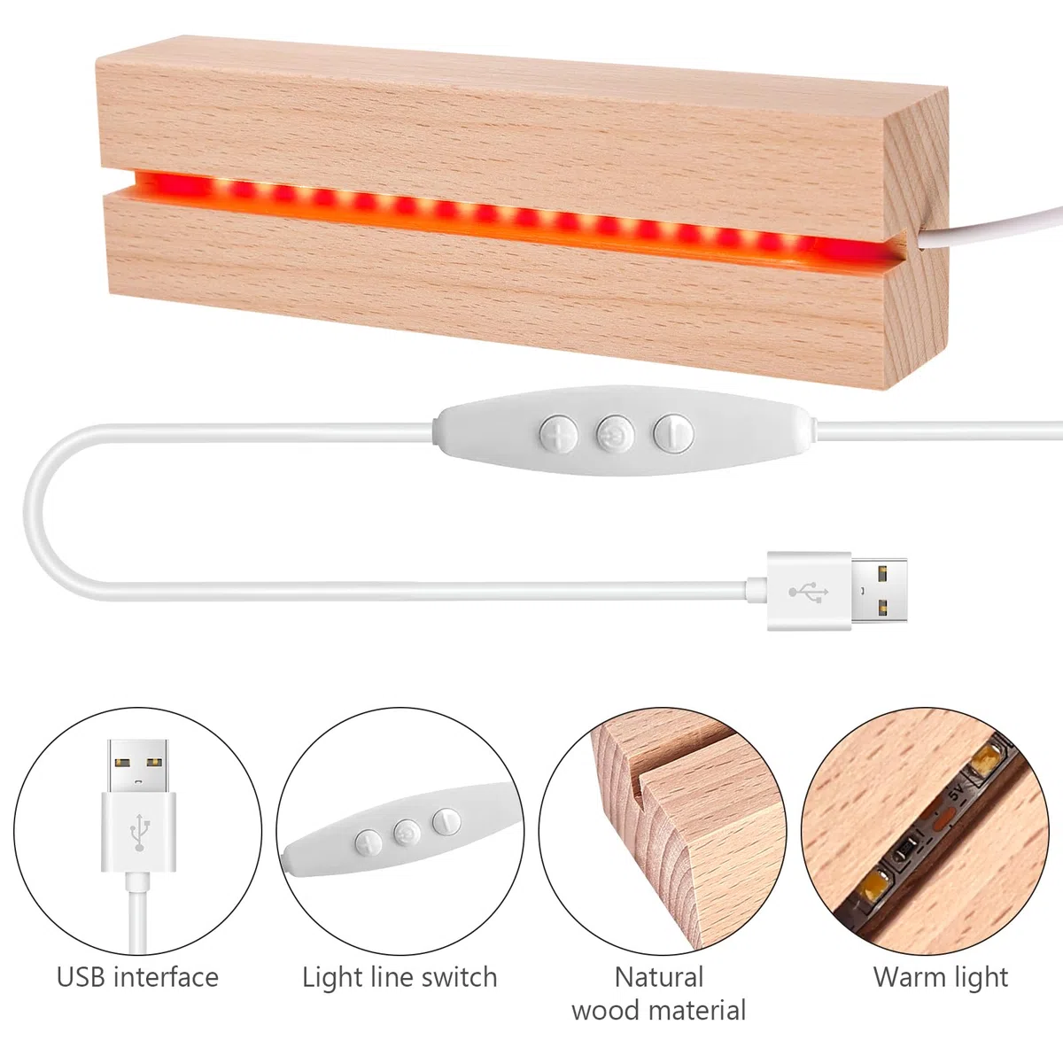 BORDEAG 4 Stück Led Lichter Display Basis, Led Lichtsockel, Led Sockel Holz, 7 Farben Rechteckige Lichter Display Basis, Holz Led Lichtsockel, Led Holzsockel, Für Glasblock, Kristalle, Glas