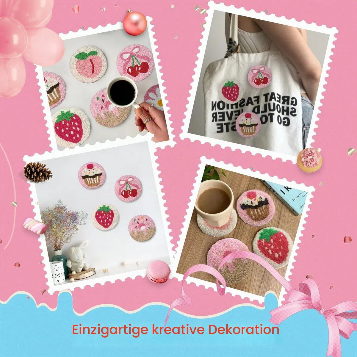 yuegool 6-teiliges Punch-Needle-Untersetzer-Set – Einfaches DIY-Stickset für Anfänger, Kinder & Erwachsene mit Motiven, Garn, Stickrahmen, Anleitung & Halter