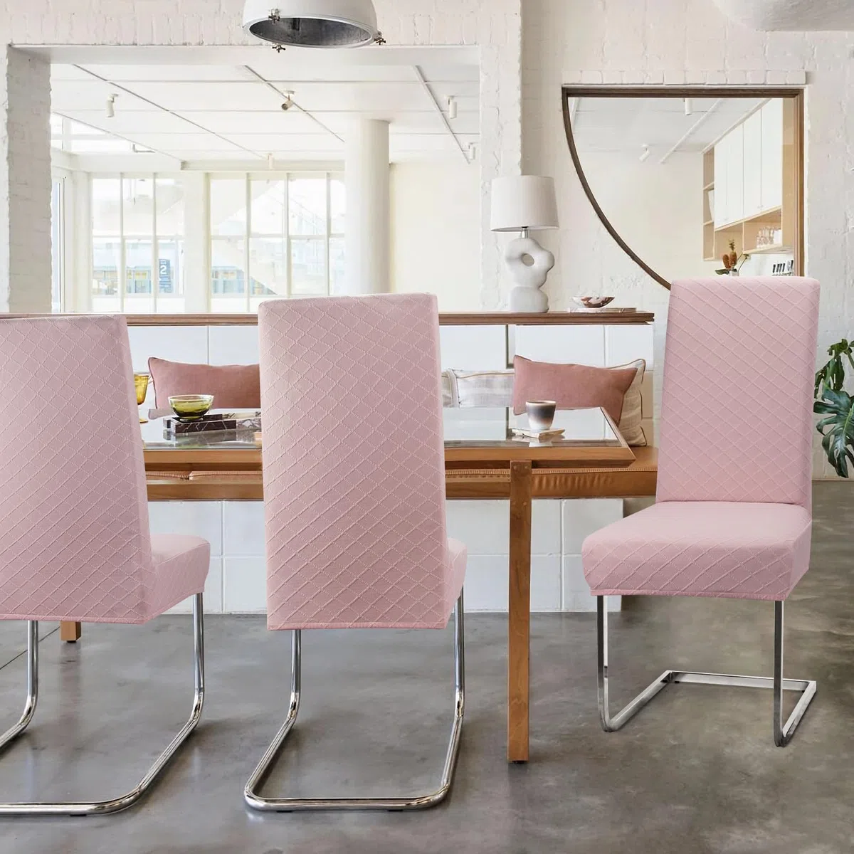 Stuhlbezüge Modern 4er Set Universeller Stuhlhussen Elastischer Stretchbezug, abwaschbarer Jacquard Bezug mit Rutschfestheit & Atmungsaktivität , Spannbezug ideal für Events und Deko Bankett (Rosa)