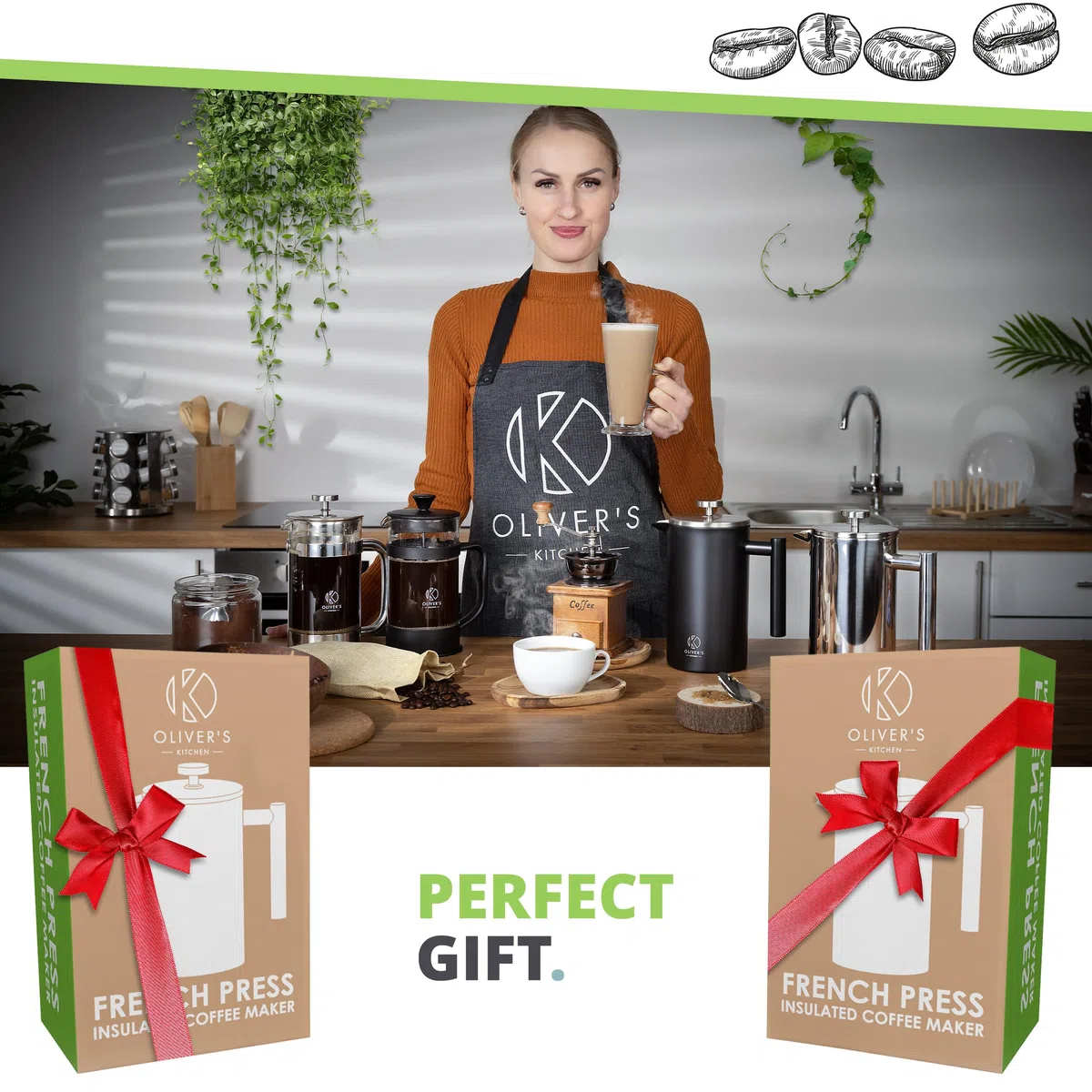 Oliver's Kitchen® French Press 1 liter - Eleganter Kaffeebereiter aus Glas - Kaffee Maschine für authentischen Kaffeegenuss - Hitzebeständig und praktisch
