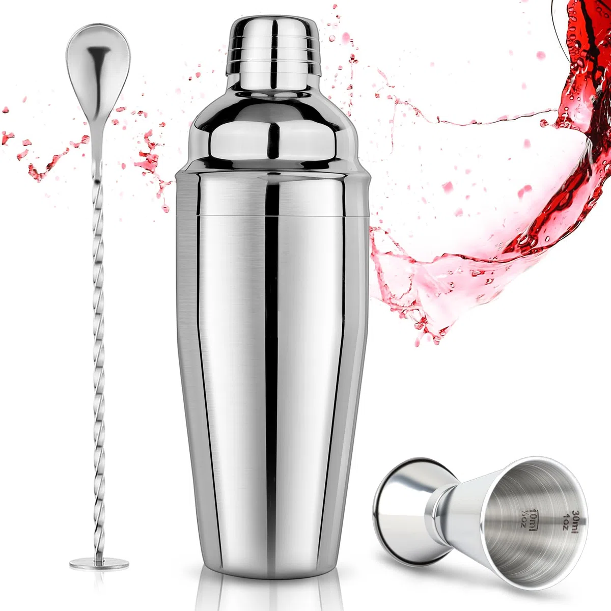 Cocktail Shaker Set 750ml Cocktailshaker Martini Shaker mit eingebautem Sieb - Professionelles Edelstahl Barkeeper Set inkl Messbecher, Bar-Löffel - Für Martini, Margarita & Mixgetränke, Silber