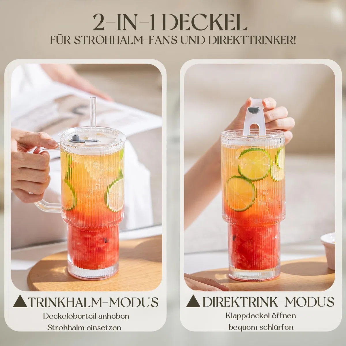 KEMORELA 2er Set 768ml Iced Coffee Glas – Gerippte Glasbecher mit Henkel, Deckel & Strohhalm | Großes Trinkglas für Latte Macchiato, Smoothies, Säfte & Bubble Tea
