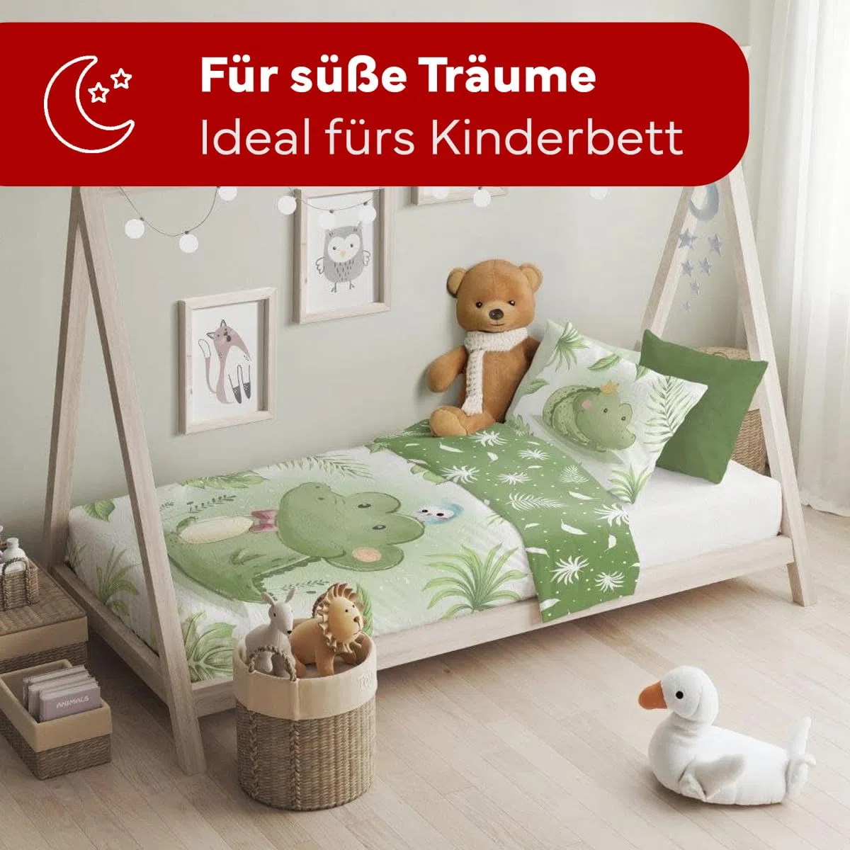 Kinderbettwäsche Set Motiv Krokodil Druckmotiv 100% Baumwolle Reißverschluss pflegeleicht Bettbezug 100x135 cm + Kissenbezug 40x60 cm