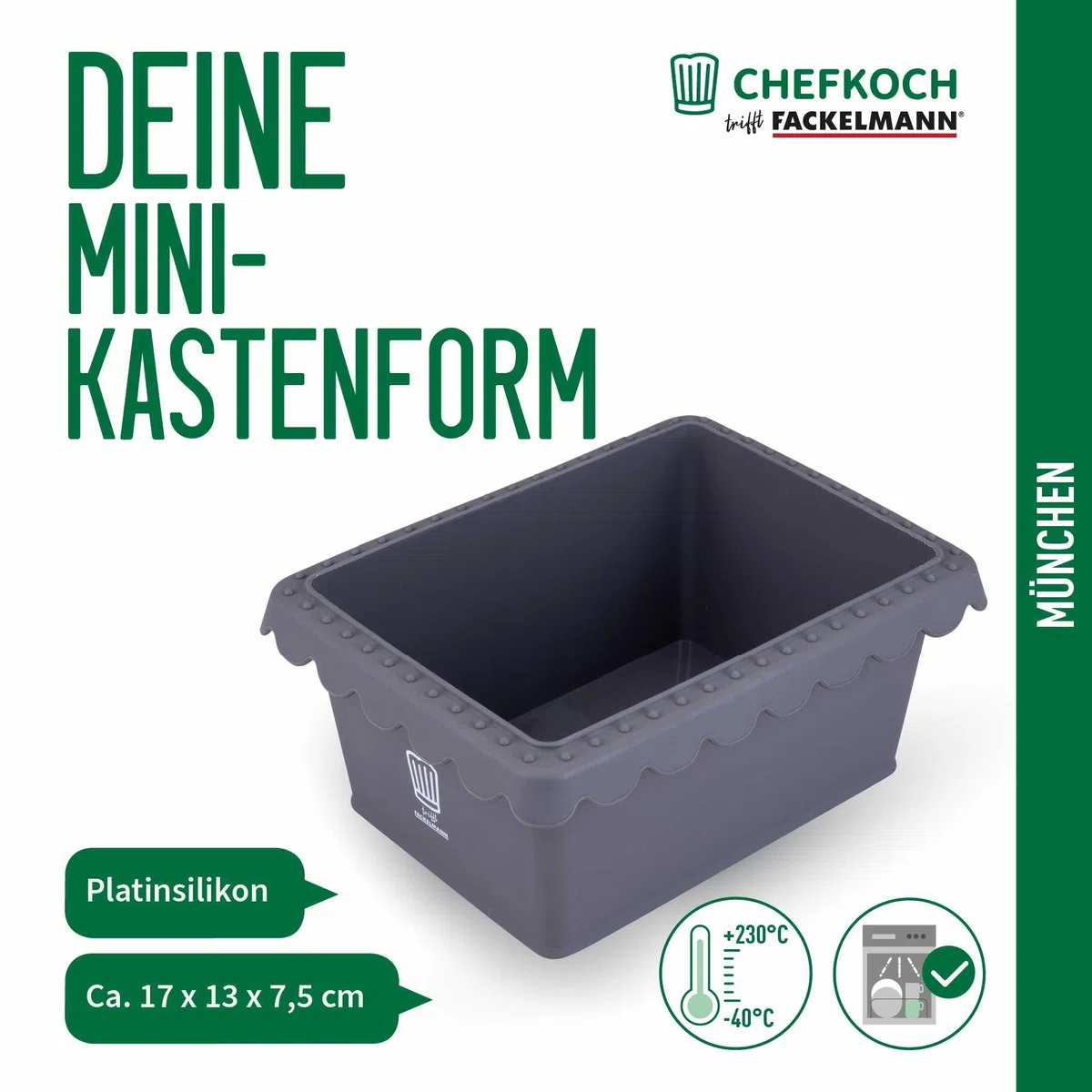 FACKELMANN Chefkoch trifft Mini-Kastenform für Heißluftfritteuse und Backofen – Ideal für Brot und Kuchen, Silikonform für Airfryer, Dunkelgrau, 17x13x7,5 cm, für 500g Teig geeignet