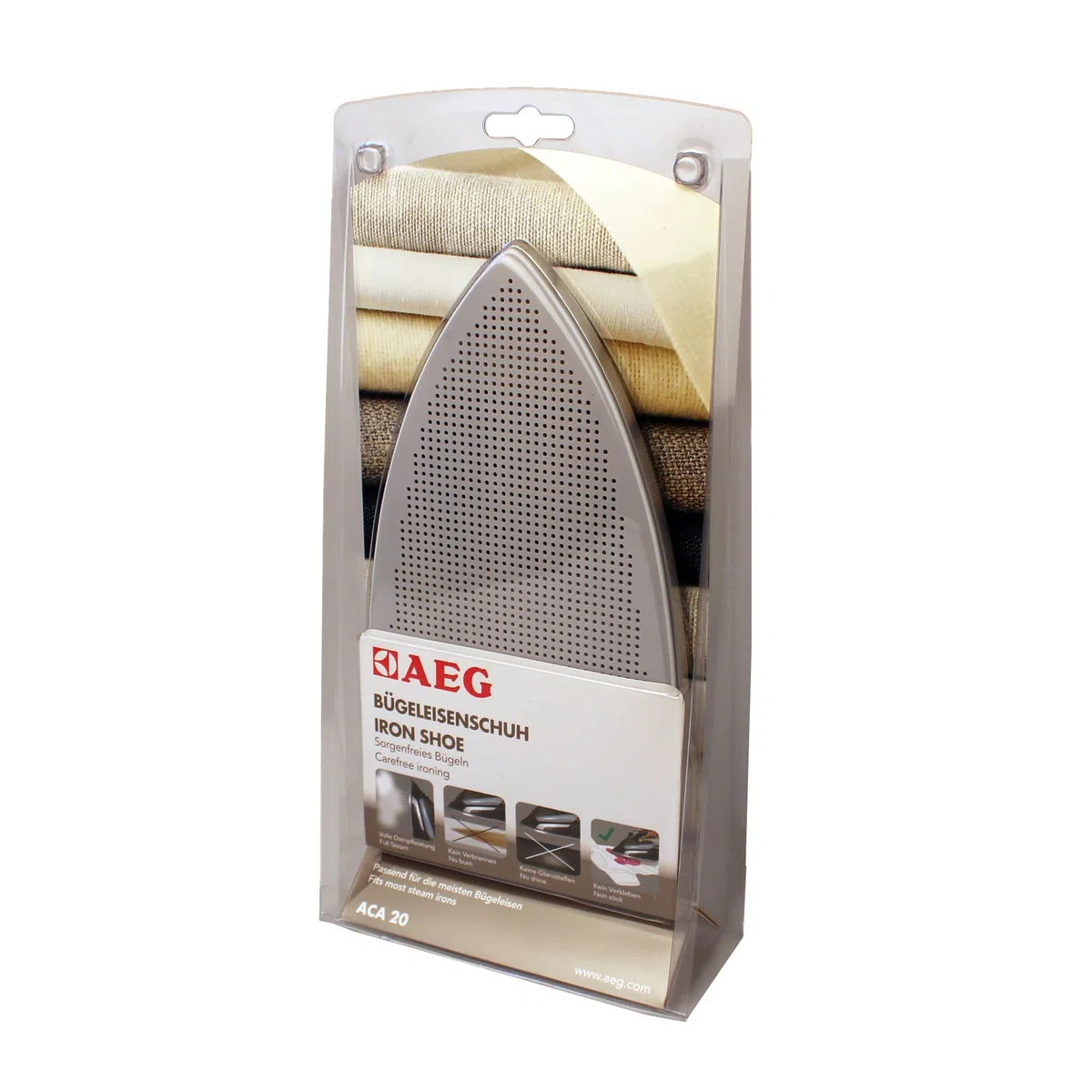 AEG ACA20 Bügeleisenschuh (kein Verbrennen oder Verkleben, keine Glanzstellen, volle Dampfleistung, universal, ideal für empfindliche Stoffe, passend für die meisten Bügeleisen, grau)