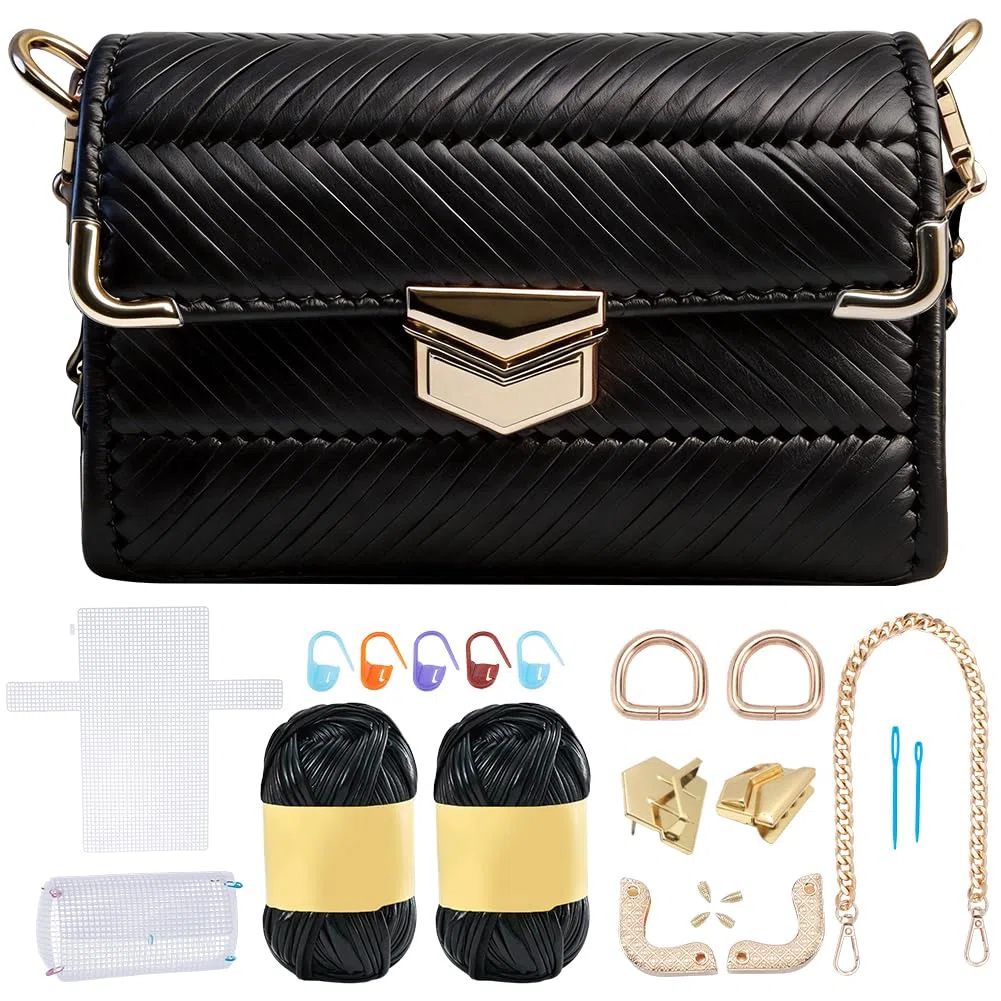 FREEBLOSS DIY Handgefertigtes Stricktaschen Set Netz Kunststoff Canvas Blätter Für Die Taschenherstellung Basteln Handtaschen Zubehör Zum Sticken Schwarz
