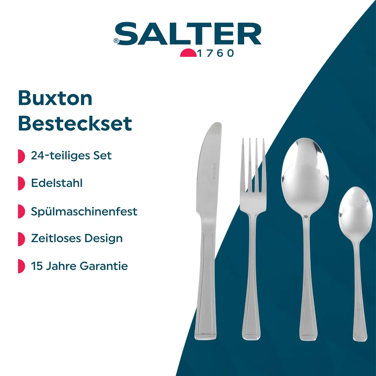 Salter BW031402EU7 BW031401HSMFOB Elegance Buxton 24-teiliges Besteckset, Edelstahl, 15 Jahre Garantie, Aluminium