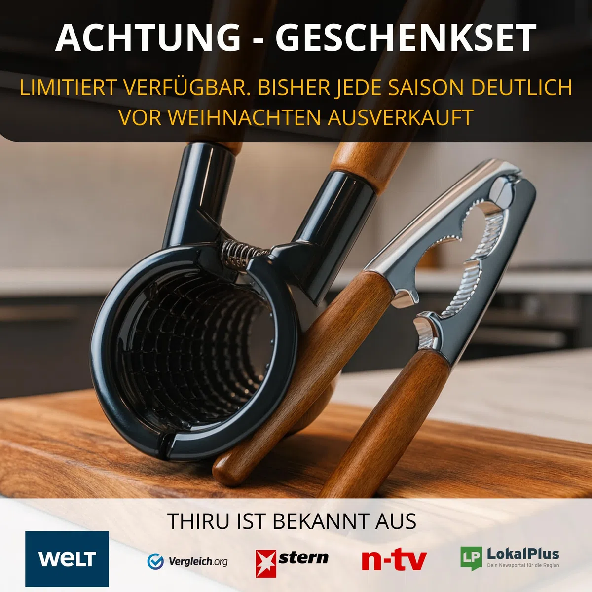 Thiru Nussknacker mit edlem Holzgriff 16cm - 100 Tage risikofrei testen - Walnussknacker für Hasel-, Paranüsse - ohne Kernzerquetschung - inkl. E-Book mit Rezepten - Leichte Kraftübertragung