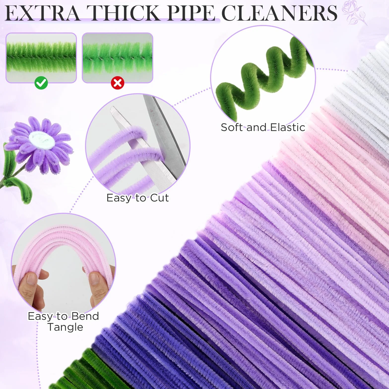 Funtopia Pfeifenreiniger Blumen Bastelset, 540 Stück Pfeifenputzer zum Basteln mit 15 Blumen-Designs Anleitung, Chenilledraht, Blütenstempel, Blumendraht & Klebeband, DIY Blumenstrauß, Lila & Violett