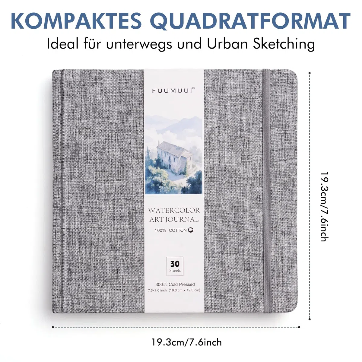 Aquarell Skizzenbuch 19x19cm 100% Baumwolle - 30 Blatt 300g/M² Säurefreis Premium Watercolor Paper, Kaltgepresst & Geleimt | Ideal für Aquarellmalerei Zeichnung und Handlettering, Weiß