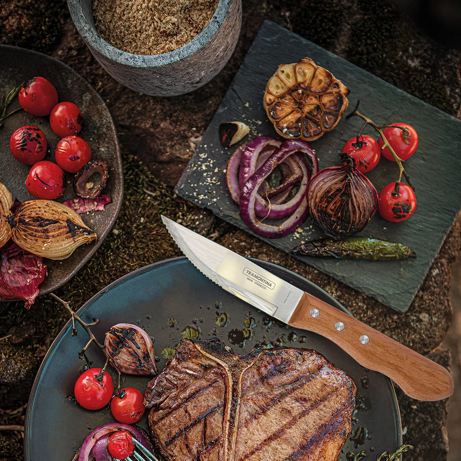 Tramontina Dynamic Steakmesser Jumbo, 4-teiliges Set, rostfreier Edelstahl, Holzgriff, 4 Steakmesser