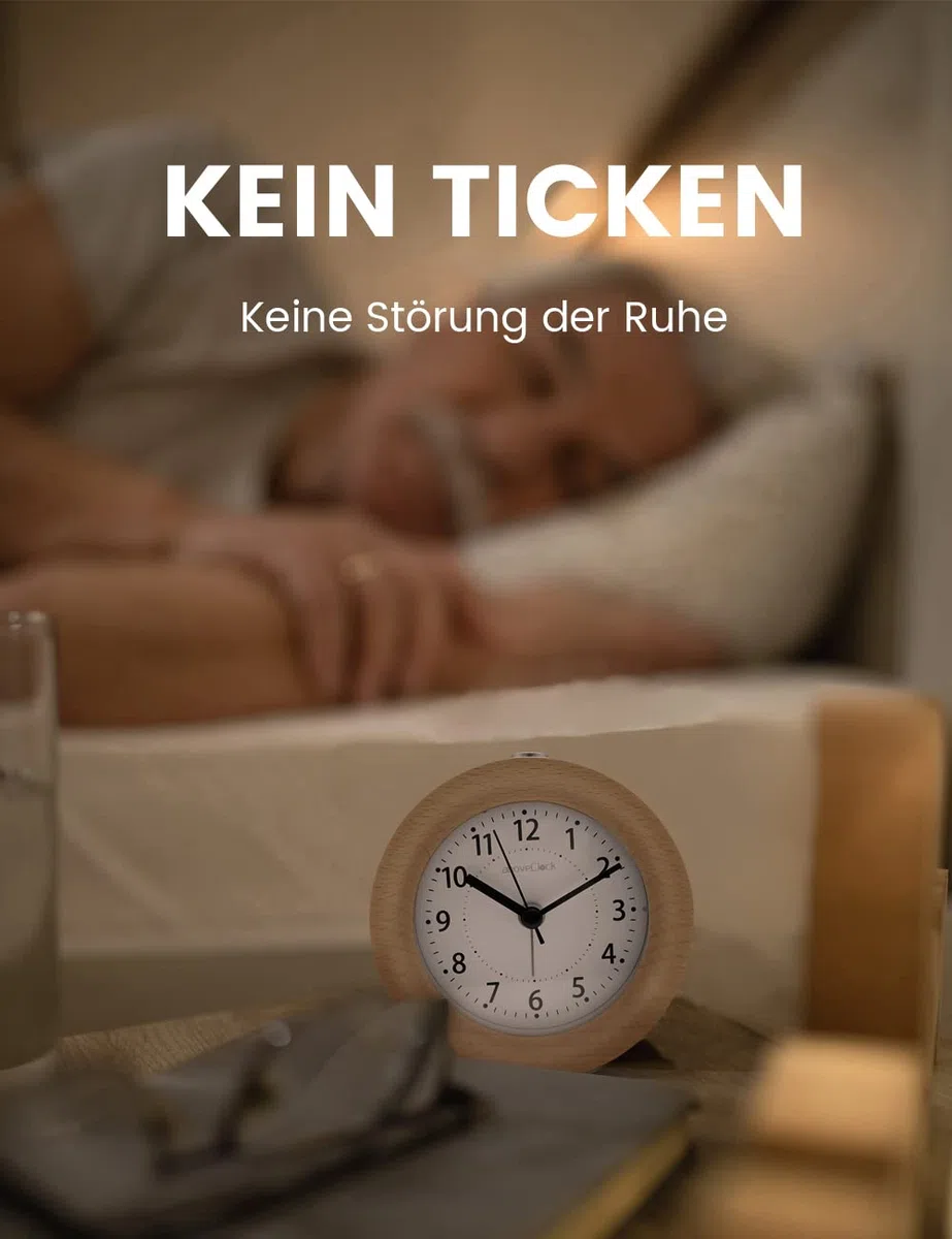 aboveClock Wecker Analog Ohne Ticken, Wecker Holz mit Snooze, Nachttisch Tischuhr mit Nachtlicht, reisewecker mit Batteriebetriebe (1*AA-Batterie benötig) - Naturholz in Hellbraun
