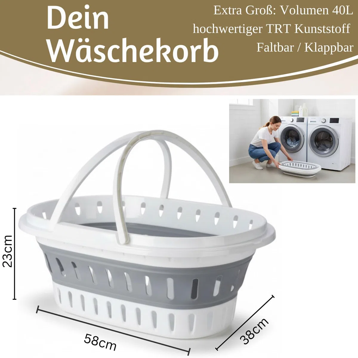 LS-LebenStil XL Komfort Wäschekorb 58cm faltbar mit Henkel Griff klappbar stabiler Boden tragbarer flexibler Falt-Korb Faltwanne Wäsche-Wanne Einkaufskorb Zusammenklappbarer Picknickkorb Camping