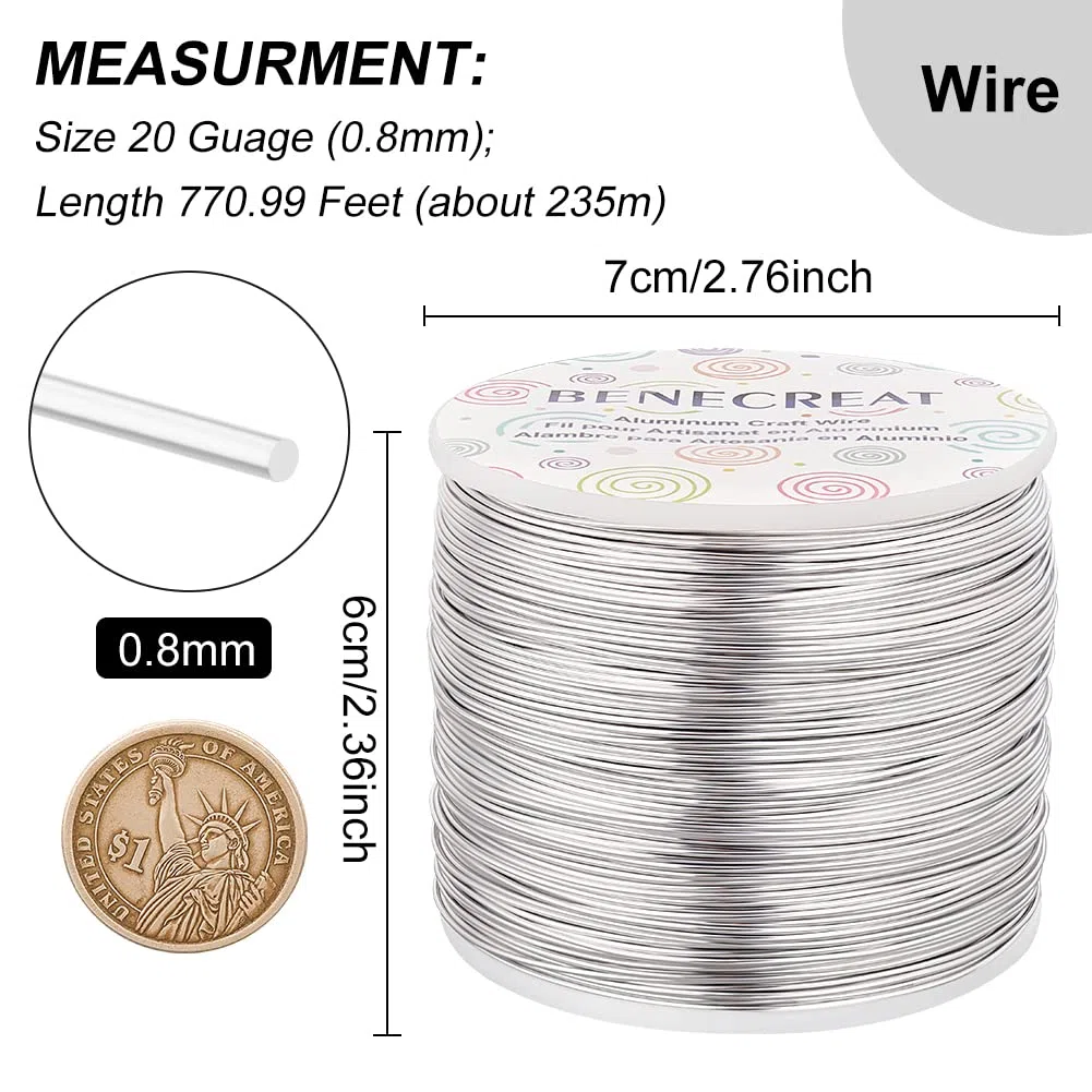 BENECREAT 20 Gauge (0.8mm) Aluminiumdraht 235m (770FT) Eloxierter Schmuck Basteldraht - Silber