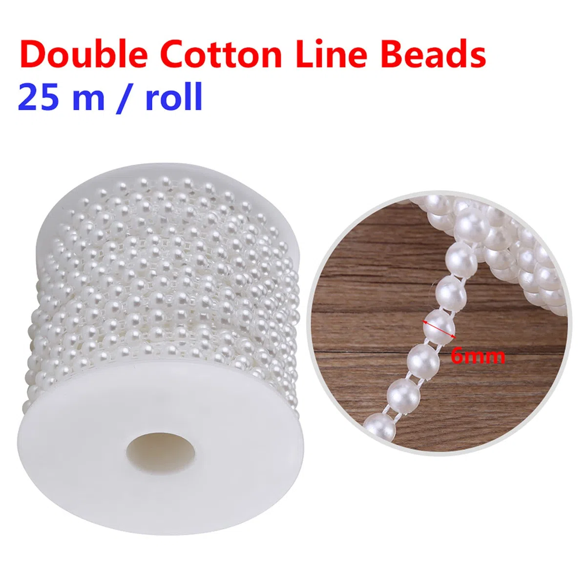 Dekorative Perlen, 25 m/Rolle Doppelte Baumwolllinie Halbrunde Perlenband Perlenkette Perlengirlande Hochzeit Perlenschnur Weihnachtskette Weihnachten Advent auf Rolle Weiss