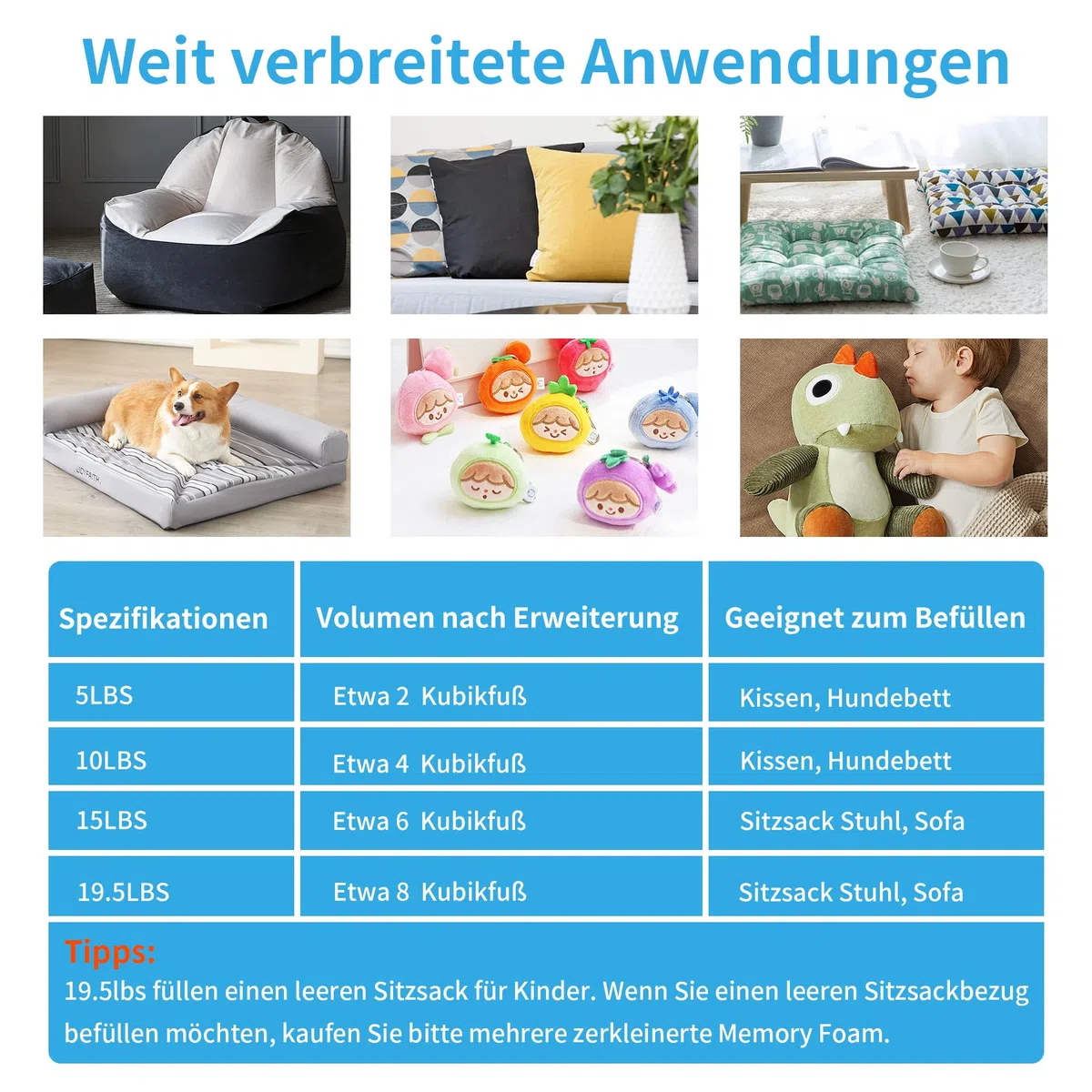 2.2KG Memory-Schaumstofffüllung für Sitzsackfüller, Kissen Stuhl Kissen Hundebett Nachfüllung, ohne zusätzliche Gel Partikel, Premium weich und großartig für Kissen Füllung, Multi Farbe und Form