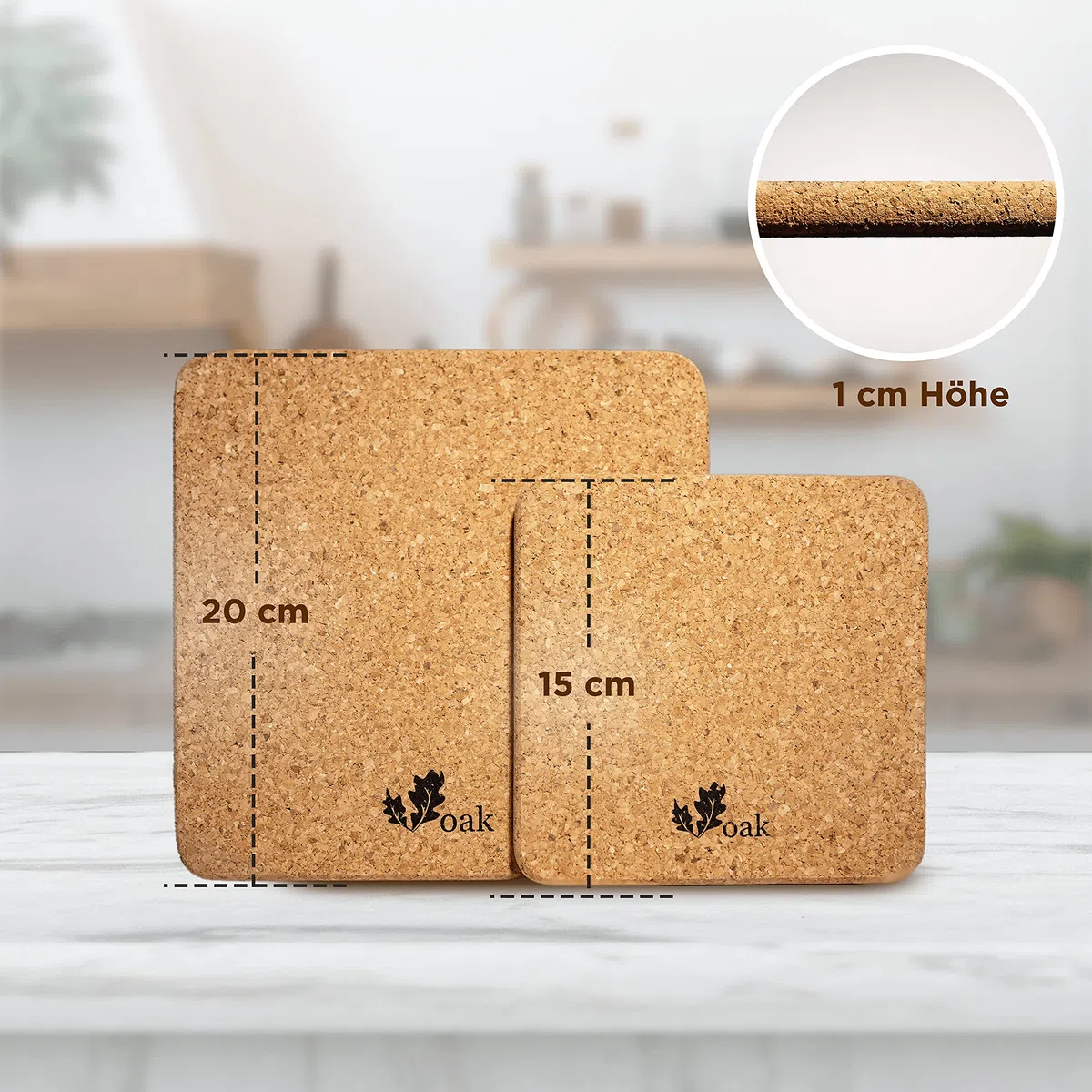 Voak® Topfuntersetzer Korkuntersetzer Set | 4 eckige Kork Untersetzer | 100% Natur Kork Made in Portugal | 20 cm und 15 cm | rutschfeste Unterlage Tischset Abwaschbar Hitzebeständig